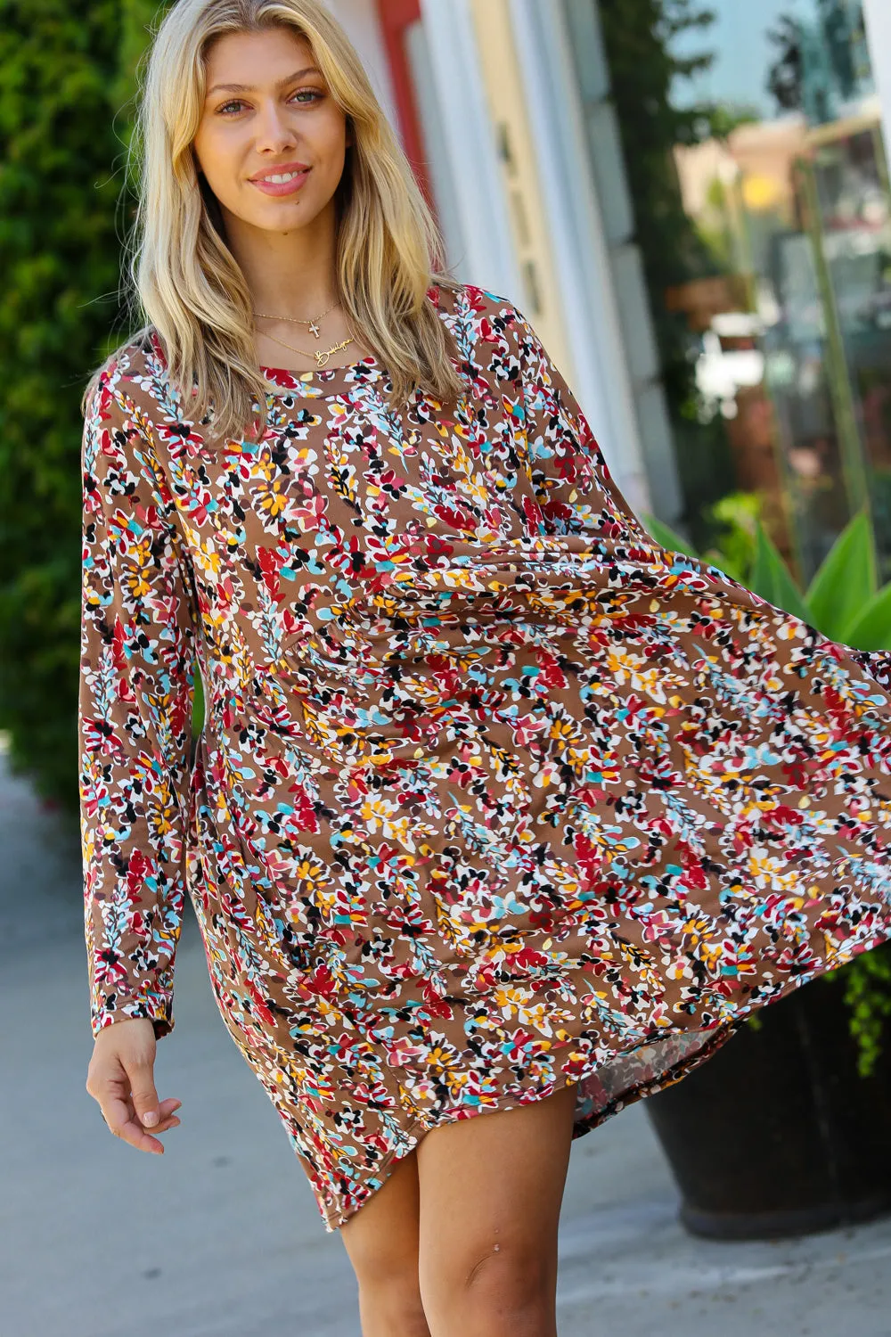 Taupe & Maroon Floral Long Sleeve Babydoll Dress