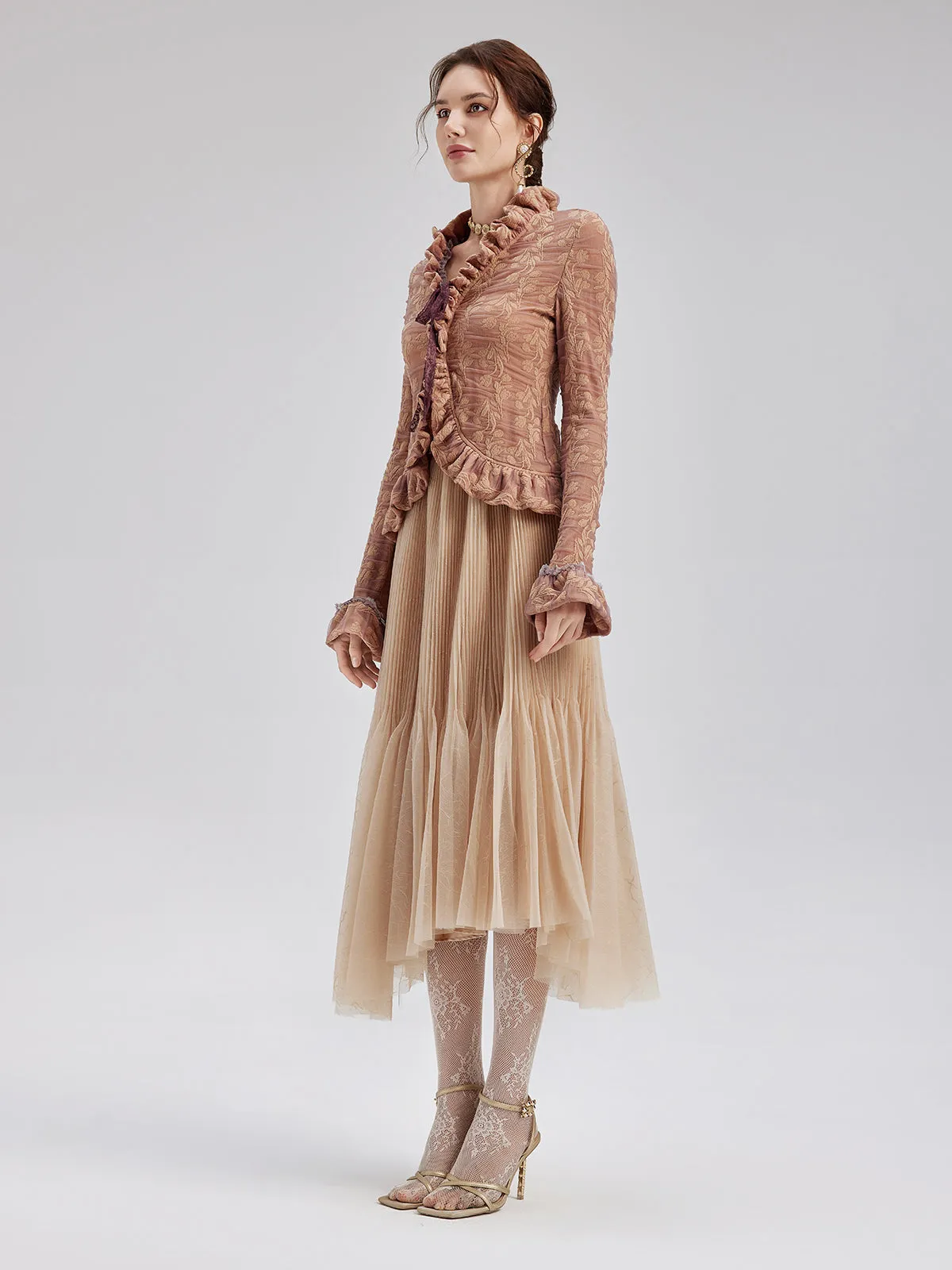 Textured Jacquard Ruffle Shirt & Tulle Skirt Set