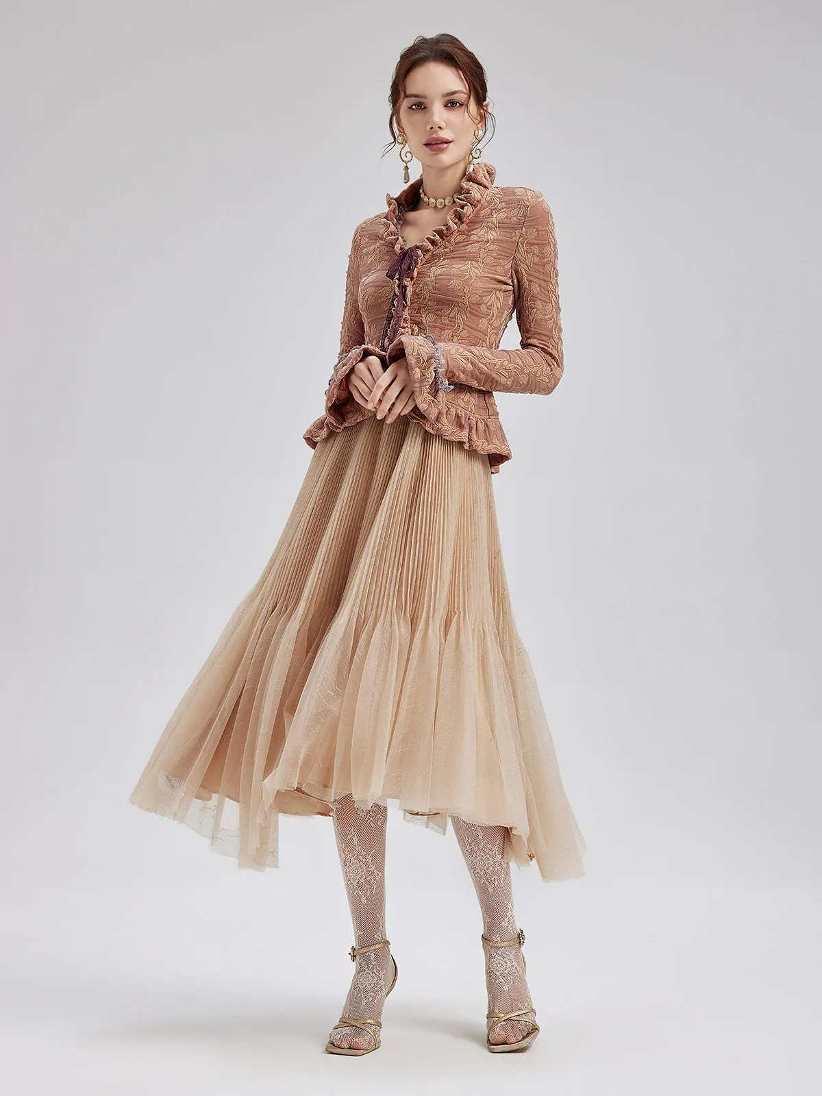 Textured Jacquard Ruffle Shirt & Tulle Skirt Set