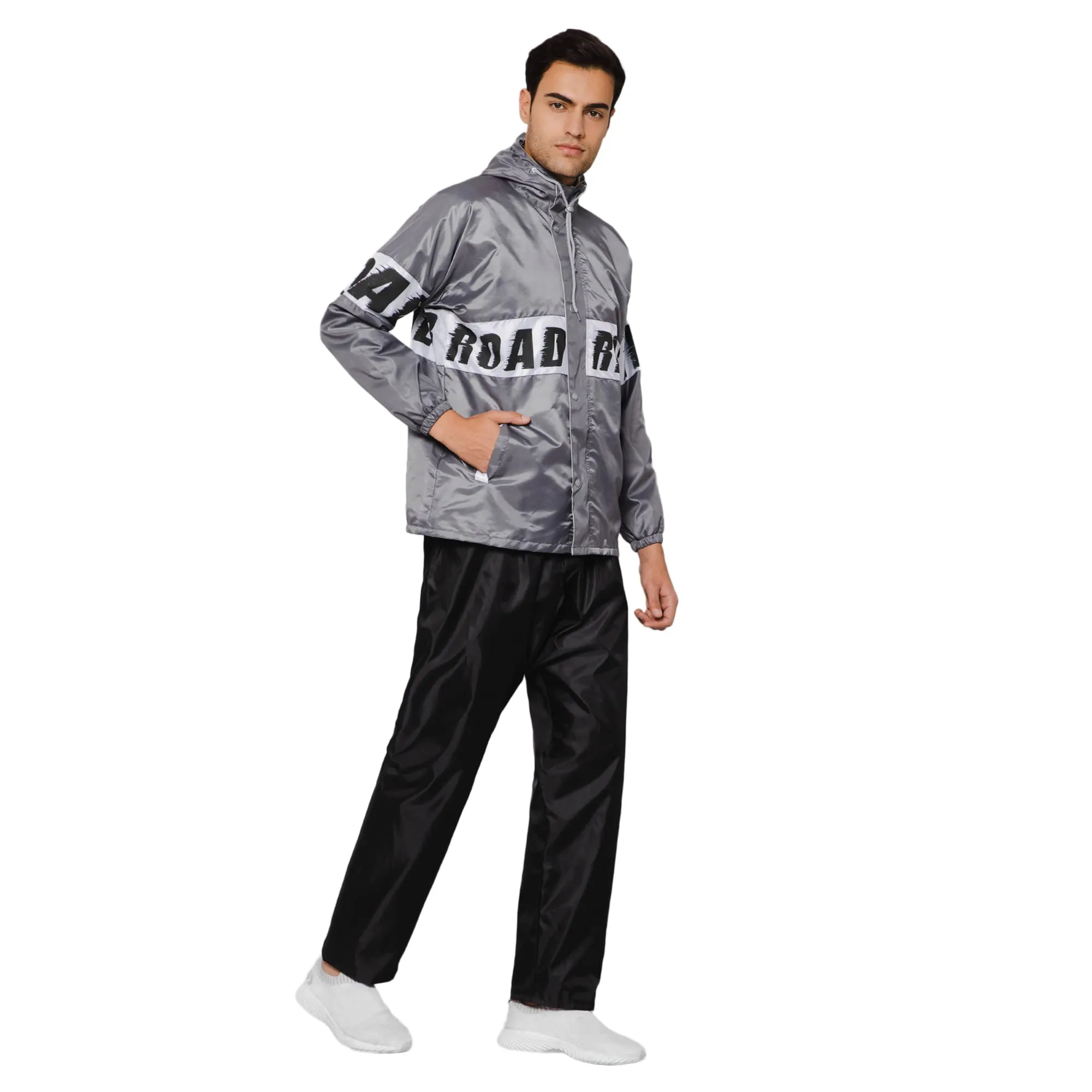 The Clownfish by STRAUSS Road Rider Men's Waterproof Raincoat Polyester Double Coating Reversible Rain Suit with Hood & Inner Mobile Pocket. Set of Top &Bottom. Printed Plastic Pouch (Grey, XX-Large)