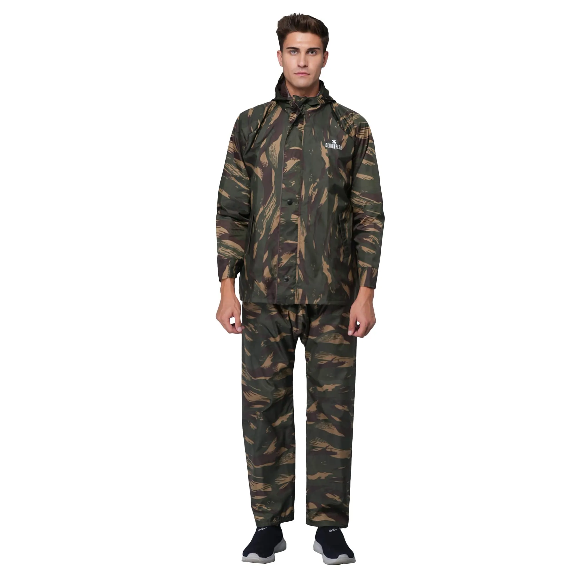 THE CLOWNFISH Commander Pro Men's Waterproof Polyester Double Coating Reversible Raincoat with Hood and Reflector Logo at Back for Night Travelling. Set of Top and Bottom (Green Camo, XL)