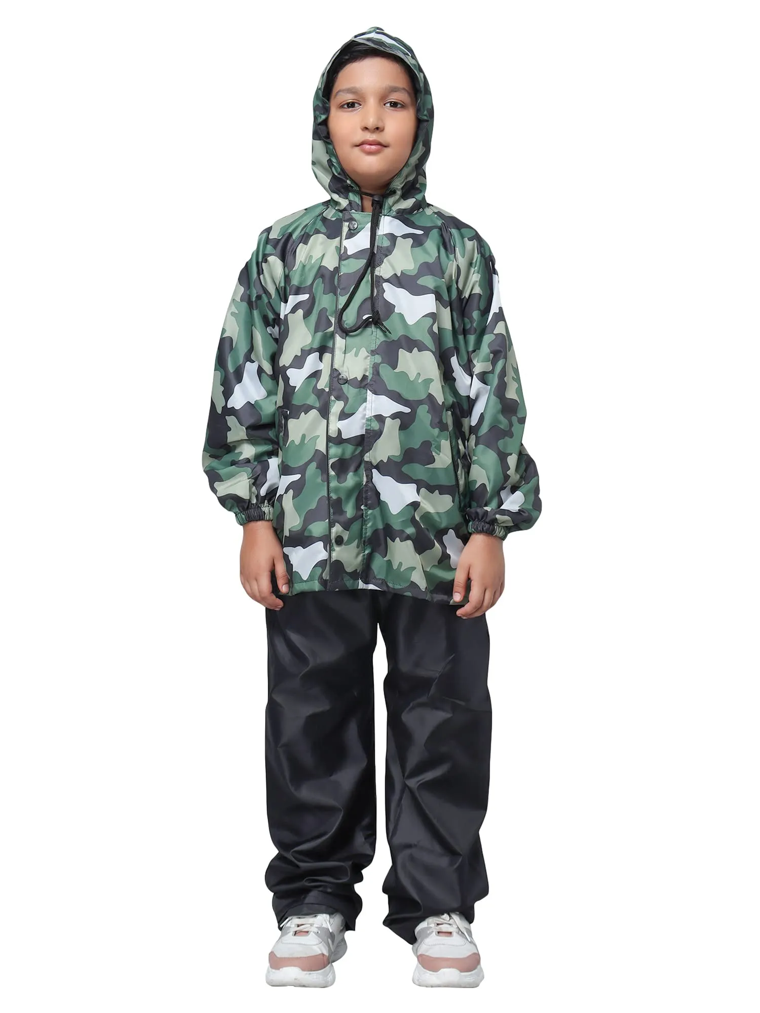 THE CLOWNFISH Comrad Series Kid's Waterproof Nylon Double Coating Reversible Raincoat with Hood and Reflector Logo at Back. Set of Top and Bottom. Printed Plastic Pouch Age-5-7 years (Green Camo)