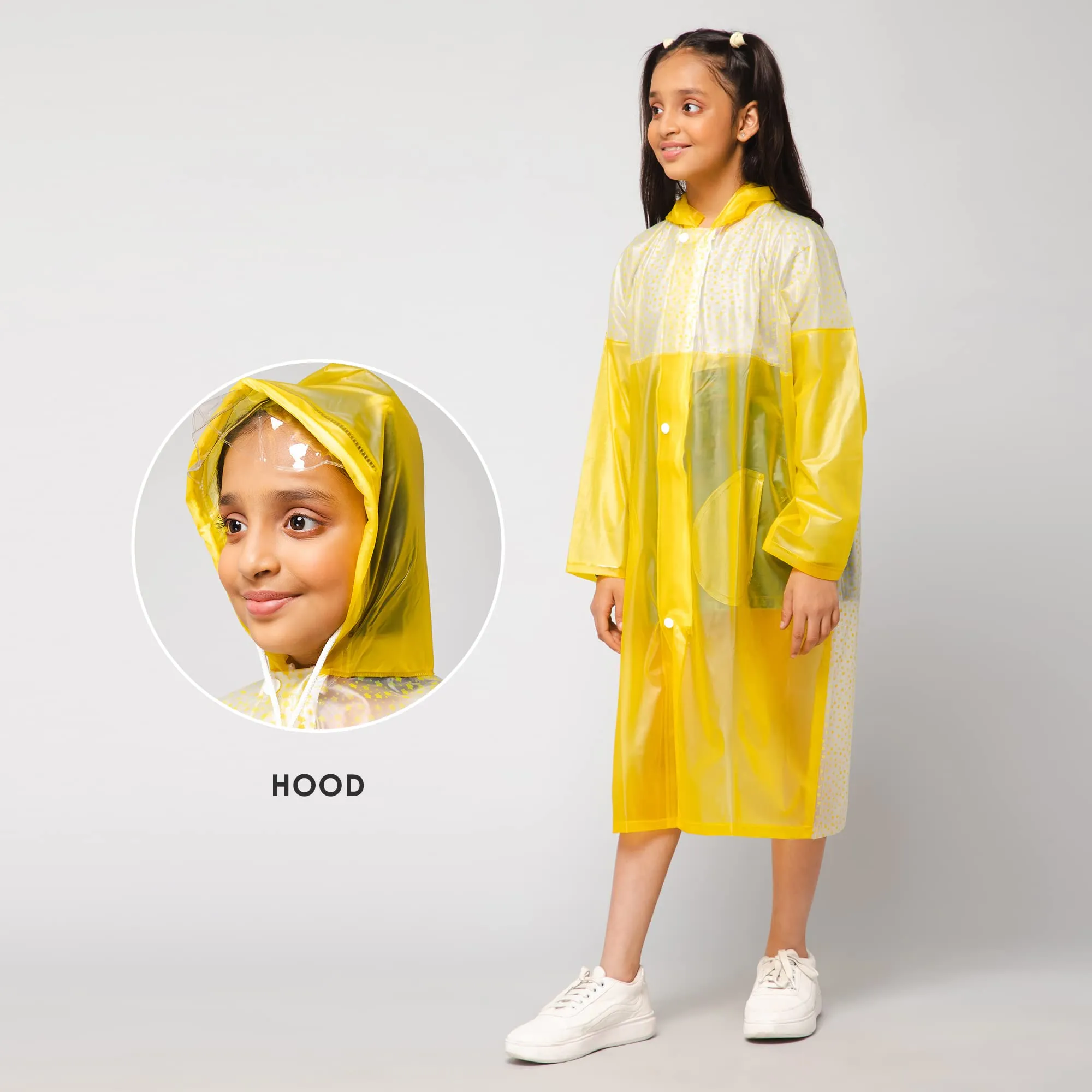 THE CLOWNFISH Drip Dude Series Unisex Kids Waterproof Single Layer PVC Longcoat/Raincoat with Adjustable Hood. Age-3-4 Years (Lemon Yellow)