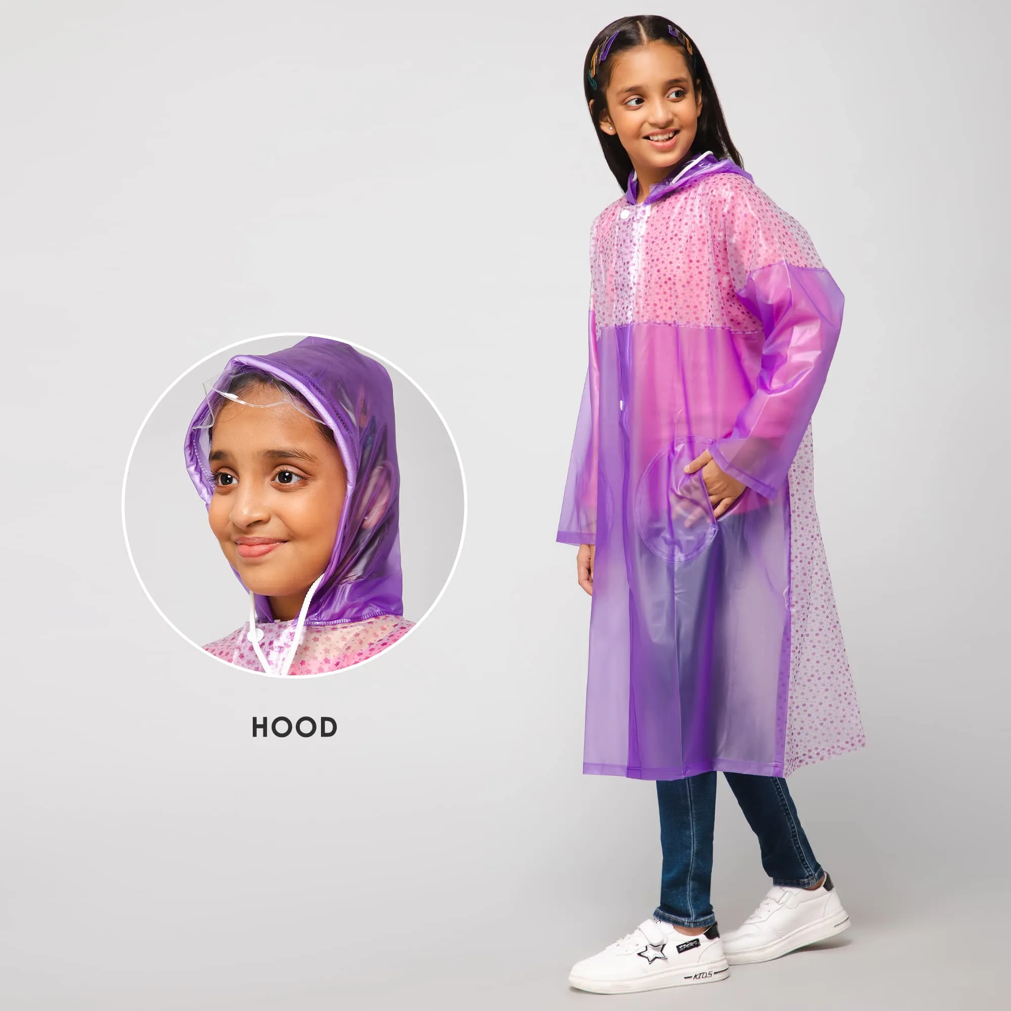 THE CLOWNFISH Drip Dude Series Unisex Kids Waterproof Single Layer PVC Longcoat/Raincoat with Adjustable Hood. Age-3-4 Years (Purple)