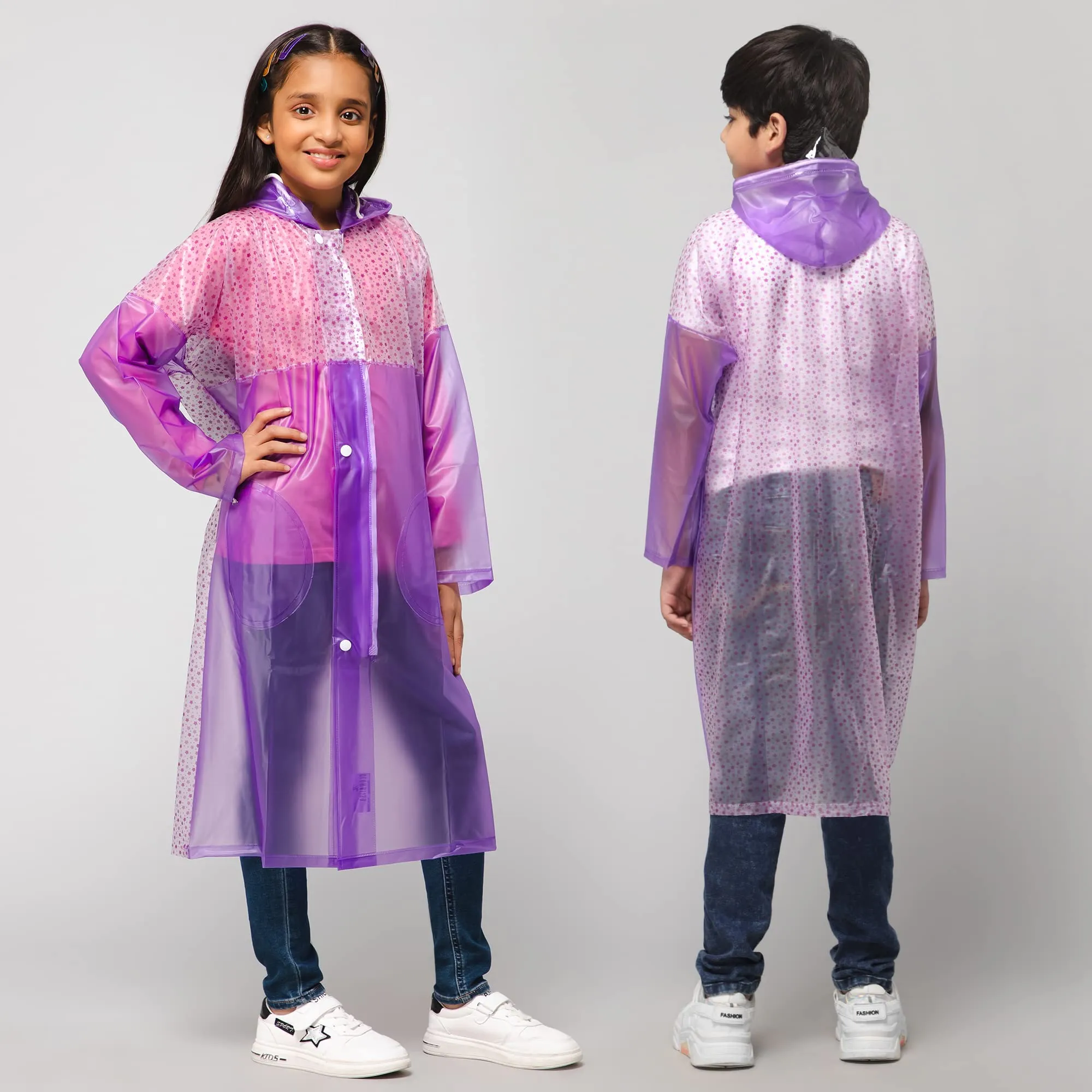 THE CLOWNFISH Drip Dude Series Unisex Kids Waterproof Single Layer PVC Longcoat/Raincoat with Adjustable Hood. Age-3-4 Years (Purple)