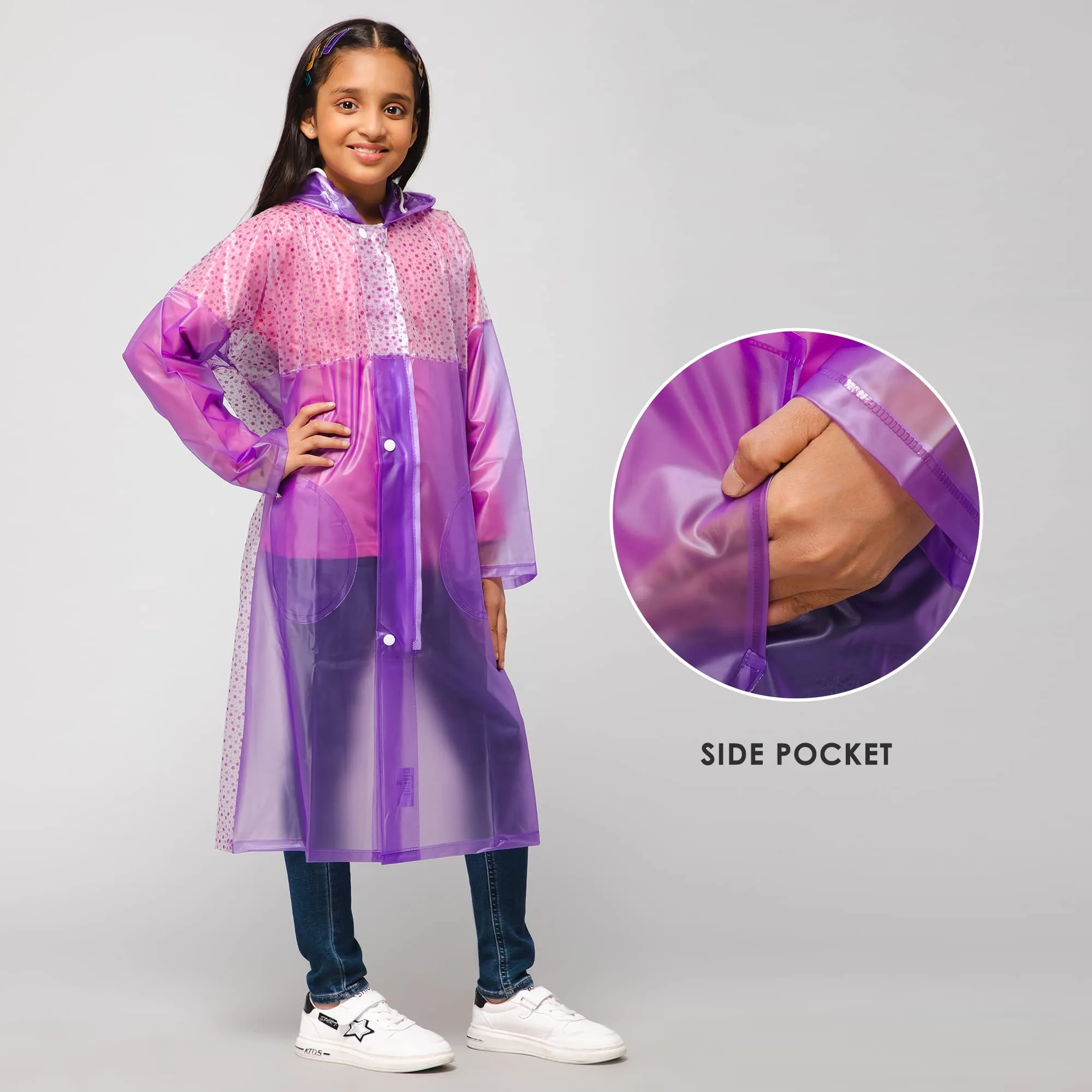 THE CLOWNFISH Drip Dude Series Unisex Kids Waterproof Single Layer PVC Longcoat/Raincoat with Adjustable Hood. Age-3-4 Years (Purple)