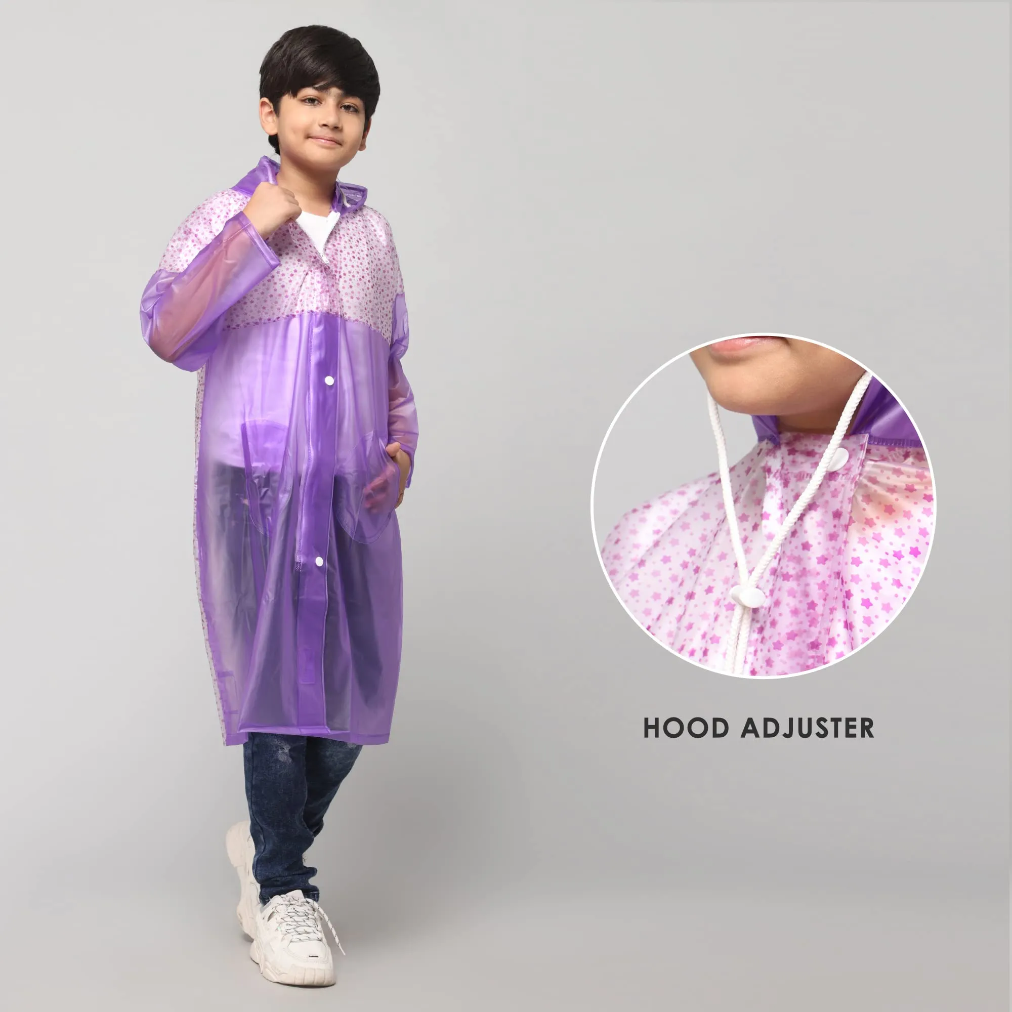 THE CLOWNFISH Drip Dude Series Unisex Kids Waterproof Single Layer PVC Longcoat/Raincoat with Adjustable Hood. Age-3-4 Years (Purple)