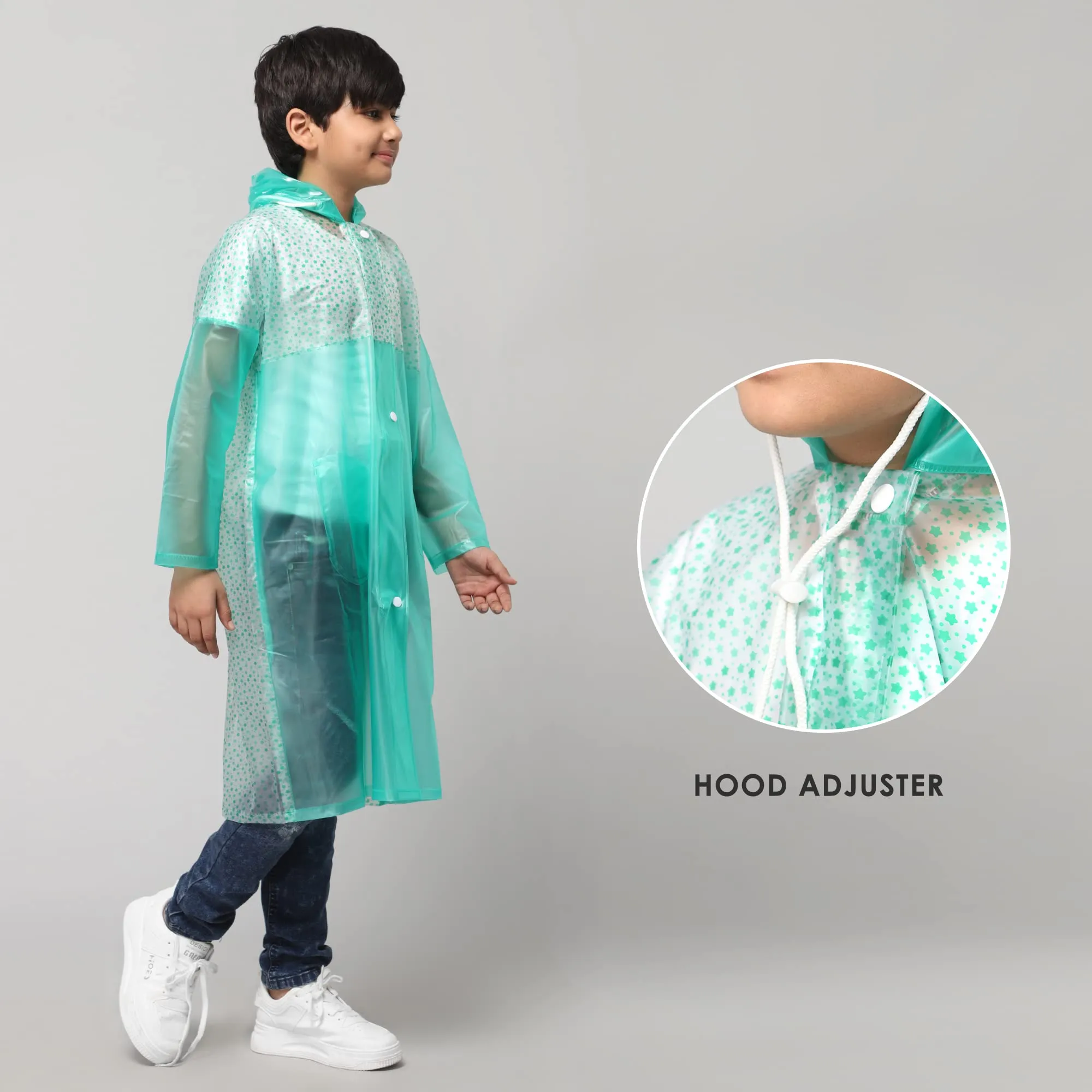 THE CLOWNFISH Drip Dude Series Unisex Kids Waterproof Single Layer PVC Longcoat/Raincoat with Adjustable Hood. Age-4-5 Years (Aqua Green)