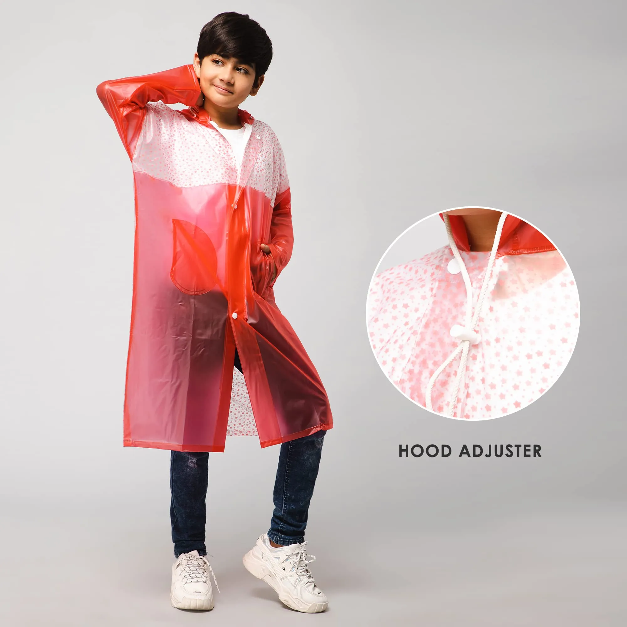 THE CLOWNFISH Drip Dude Series Unisex Kids Waterproof Single Layer PVC Longcoat/Raincoat with Adjustable Hood. Age-4-5 Years (Rose Red)