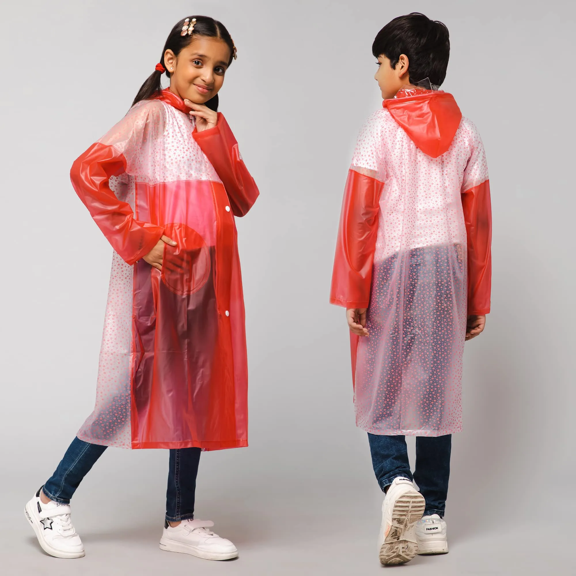 THE CLOWNFISH Drip Dude Series Unisex Kids Waterproof Single Layer PVC Longcoat/Raincoat with Adjustable Hood. Age-4-5 Years (Rose Red)