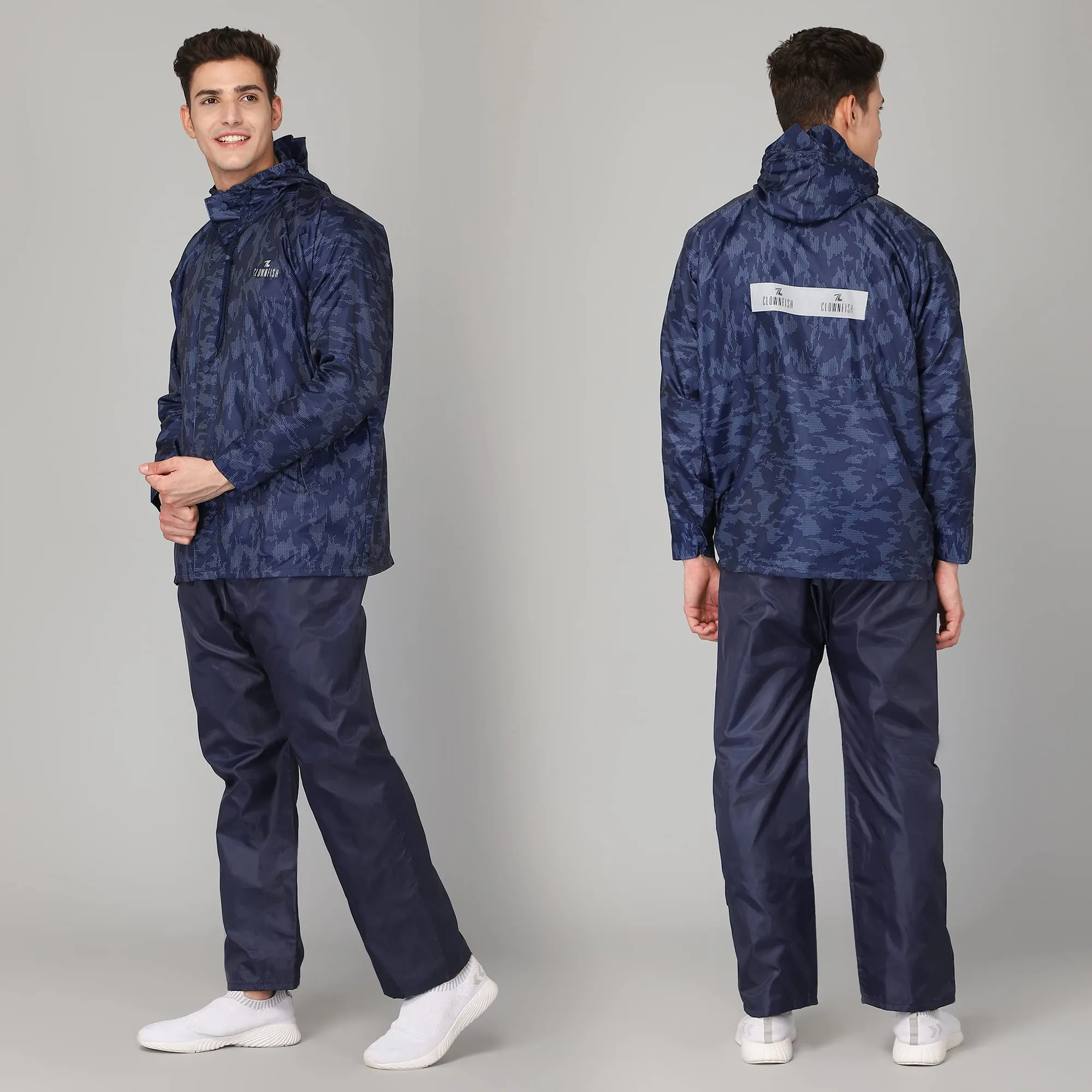 THE CLOWNFISH Francis Series Men's Waterproof Polyester Double Coating Reversible Raincoat with Hood and Reflector Logo at Back. Set of Top and Bottom. Printed Plastic Pouch with Rope (Blue, XL)