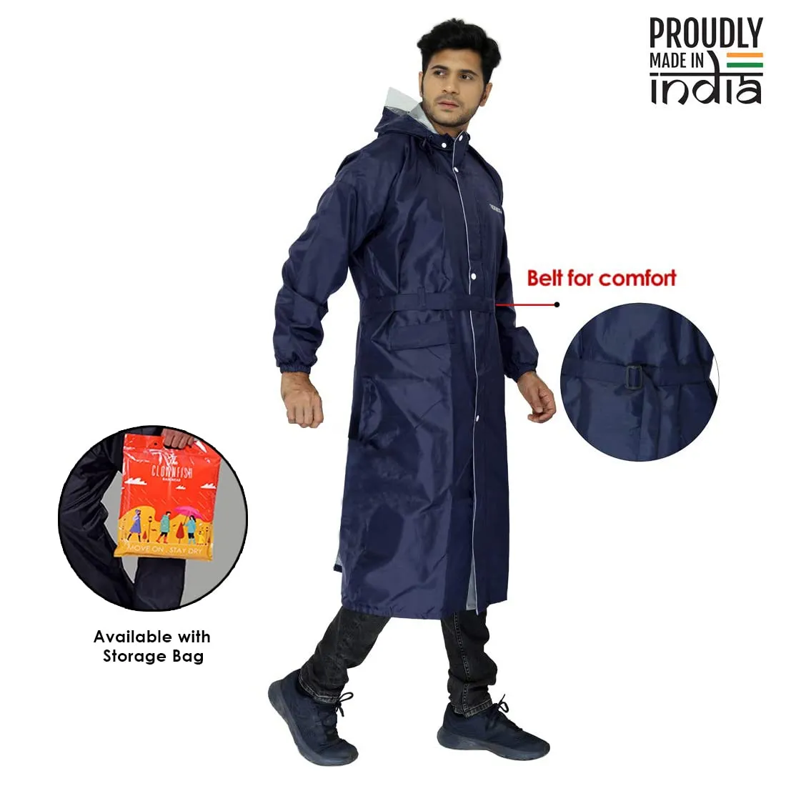 THE CLOWNFISH Men and Women Reversible Waterproof Polyester Raincoat with Adjustable Hood and Reflector at Back for Night Visibility (Blue,Free Size)