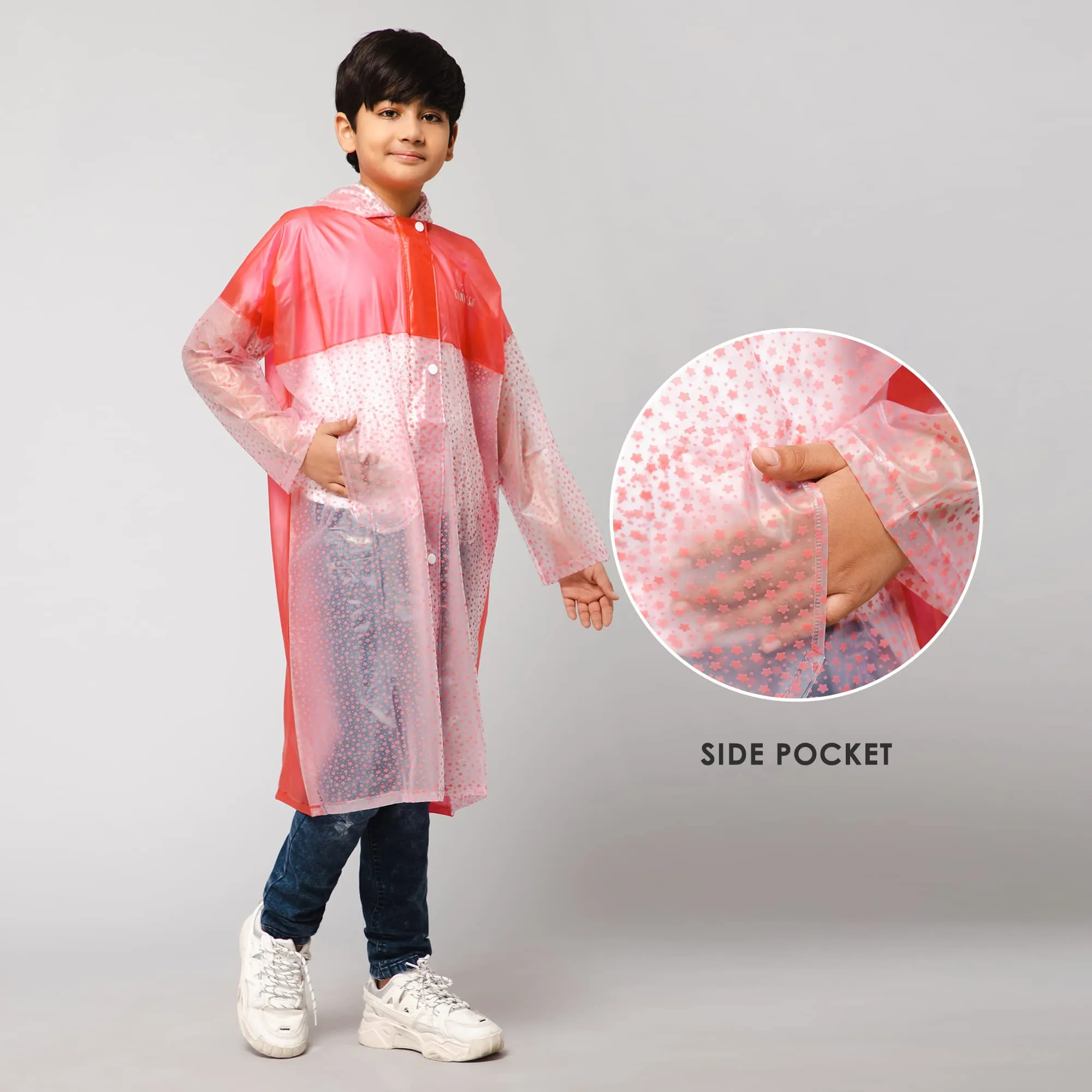 THE CLOWNFISH Misty Magic Series Unisex Kids Waterproof Single Layer PVC Longcoat/Raincoat with Adjustable Hood. Age-4-5 Years (Rose Red)