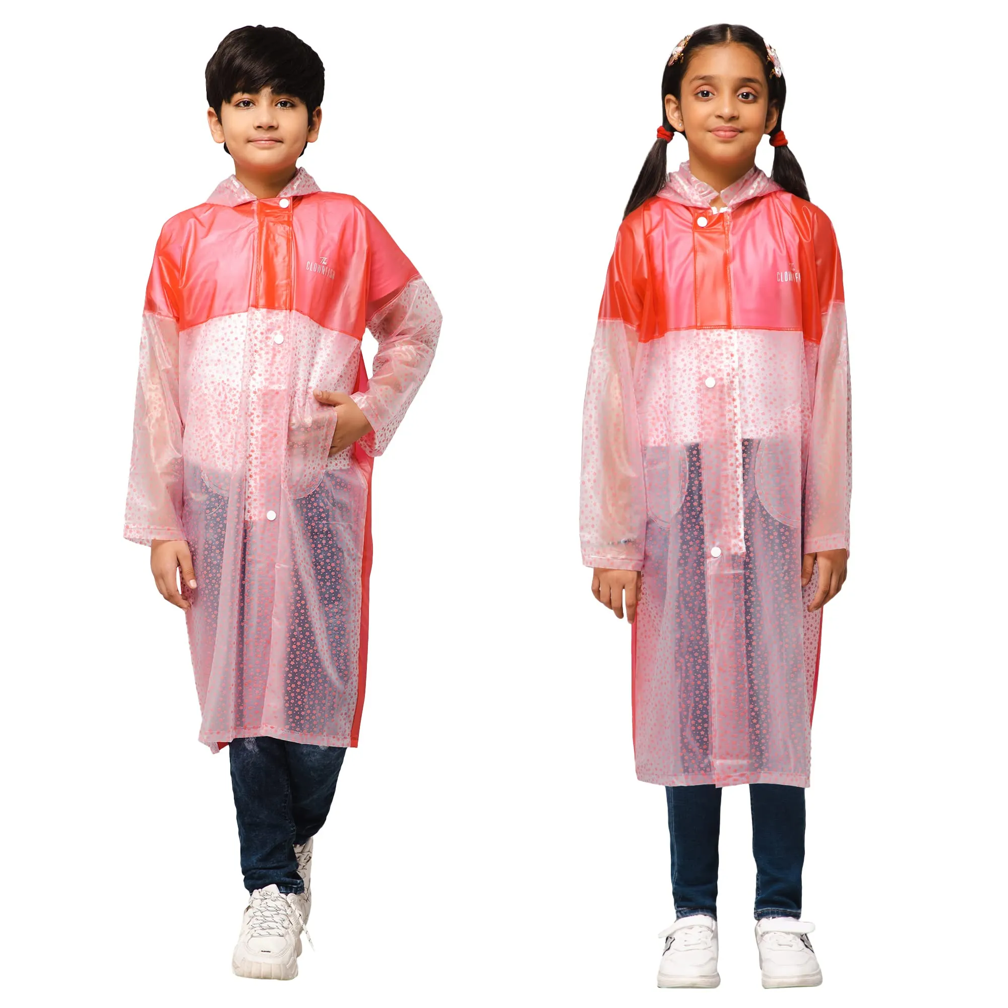 THE CLOWNFISH Misty Magic Series Unisex Kids Waterproof Single Layer PVC Longcoat/Raincoat with Adjustable Hood. Age-5-6 Years (Rose Red)