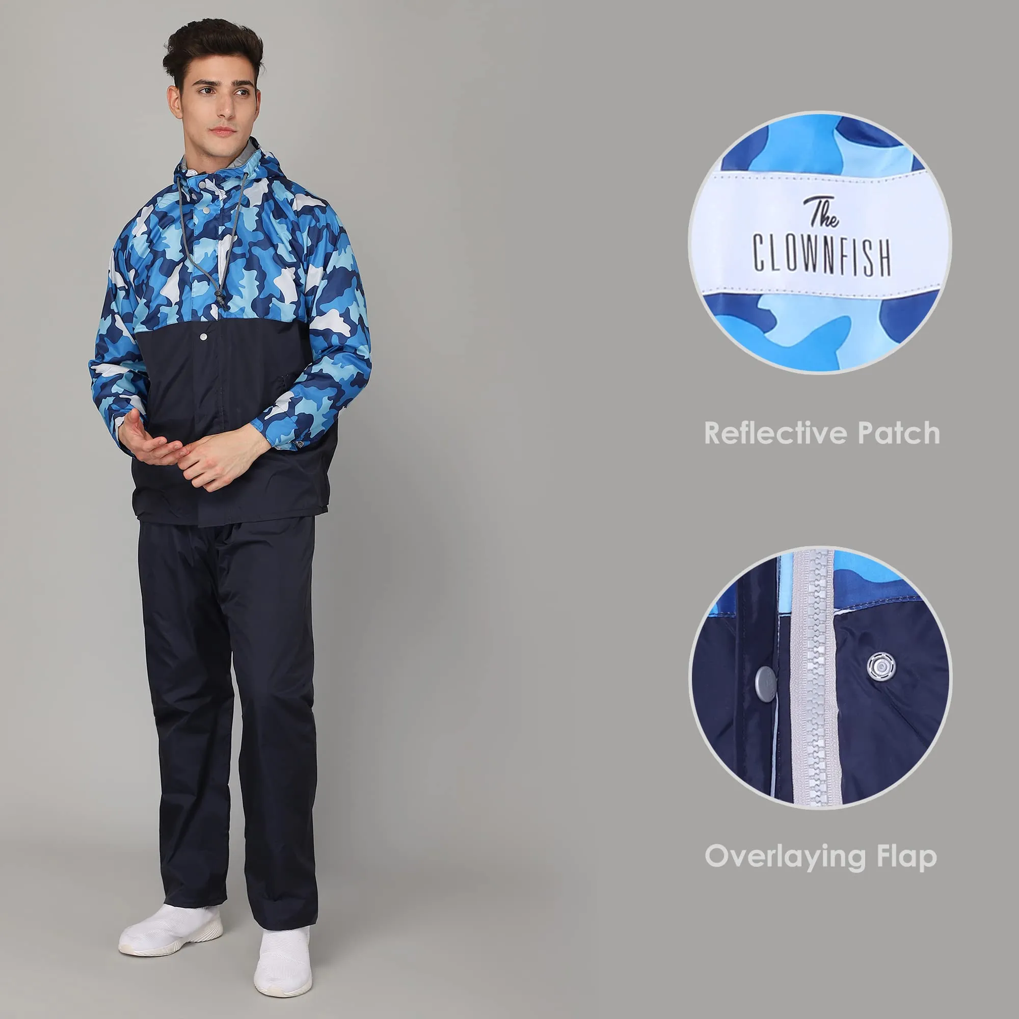 THE CLOWNFISH Napoleon Series Men's Waterproof Nylon Double Coating Reversible Casual Style Raincoat With Hood And Reflector Logo At Back Set Of Top & Bottom Printed Plastic Pouch With Rope(Blue,2XL)