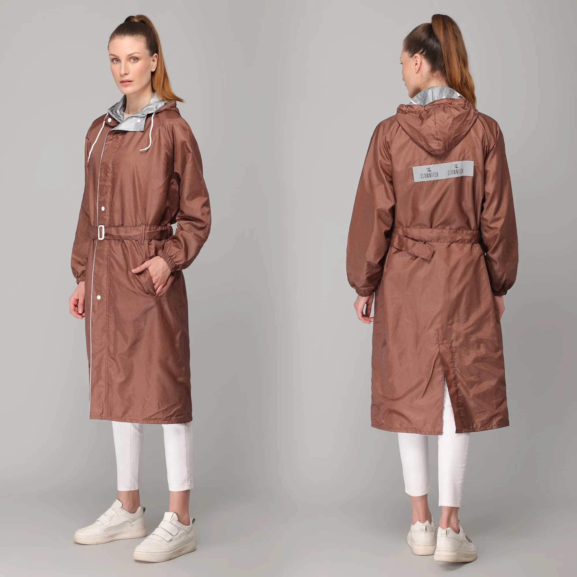 THE CLOWNFISH Polyester Long Length Raincoats For Women Waterproof Reversible Double Layer. Brilliant Pro Series (Brown, 2XL)