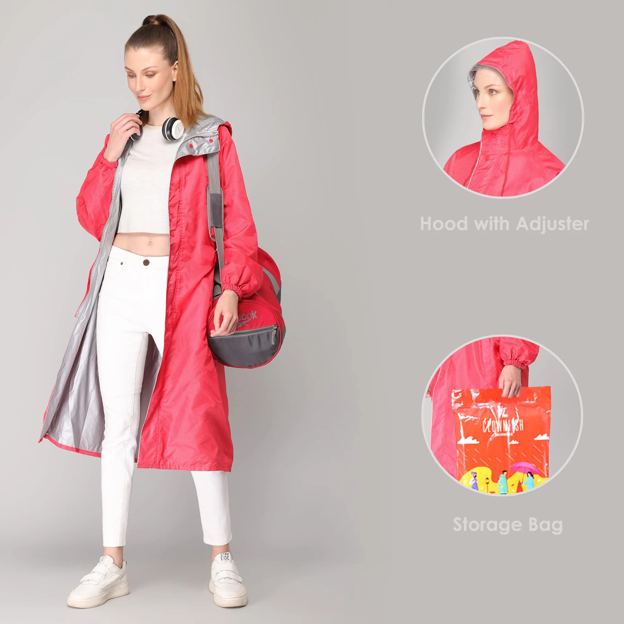 THE CLOWNFISH Polyester Long Length Raincoats For Women Waterproof Reversible Double Layer. Brilliant Pro Series (Red, X-Large)