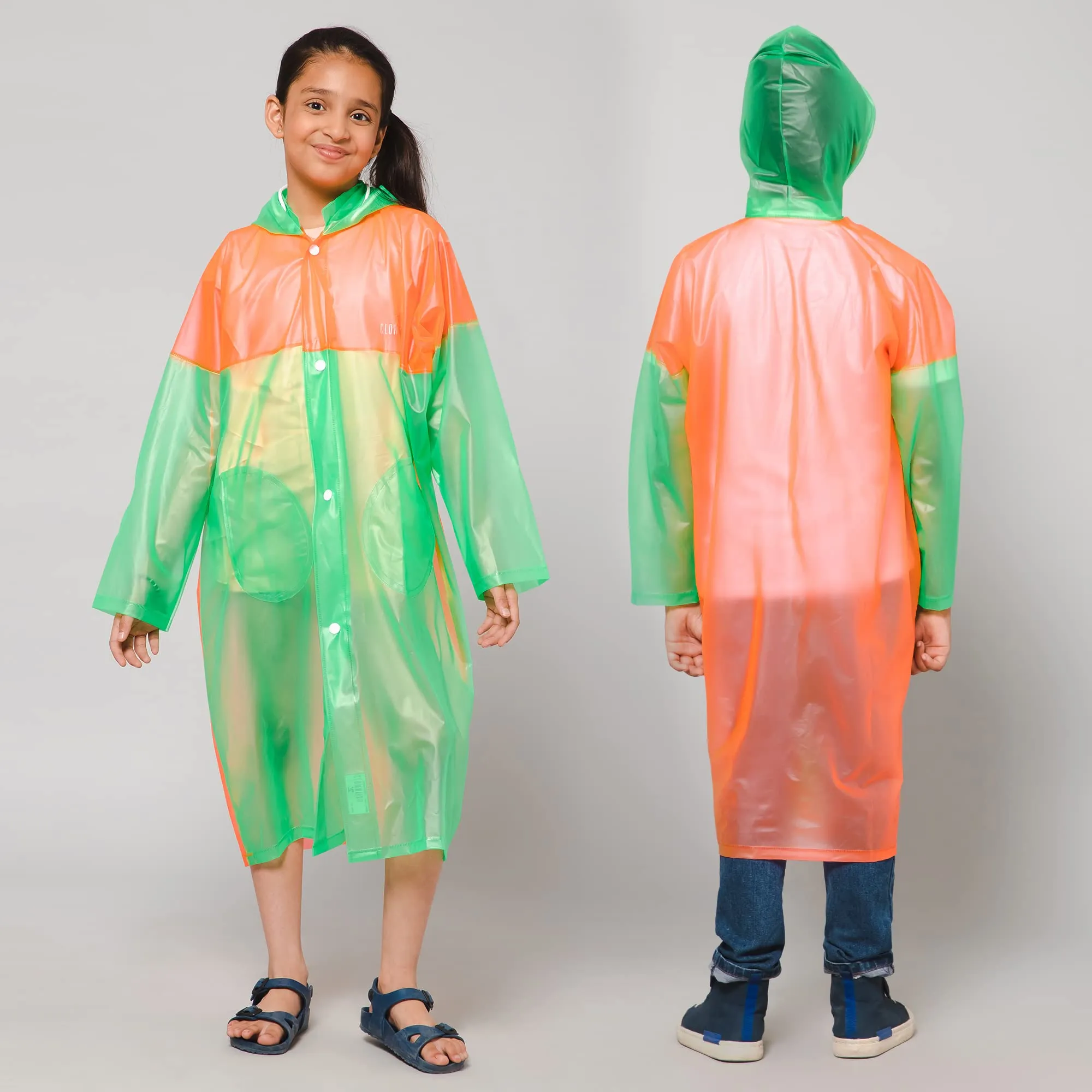 THE CLOWNFISH Puddle Jumper Series Unisex Kids Waterproof Single Layer PVC Longcoat/Raincoat with Adjustable Hood. Age-3-4 Years (Fluoroscent Green)