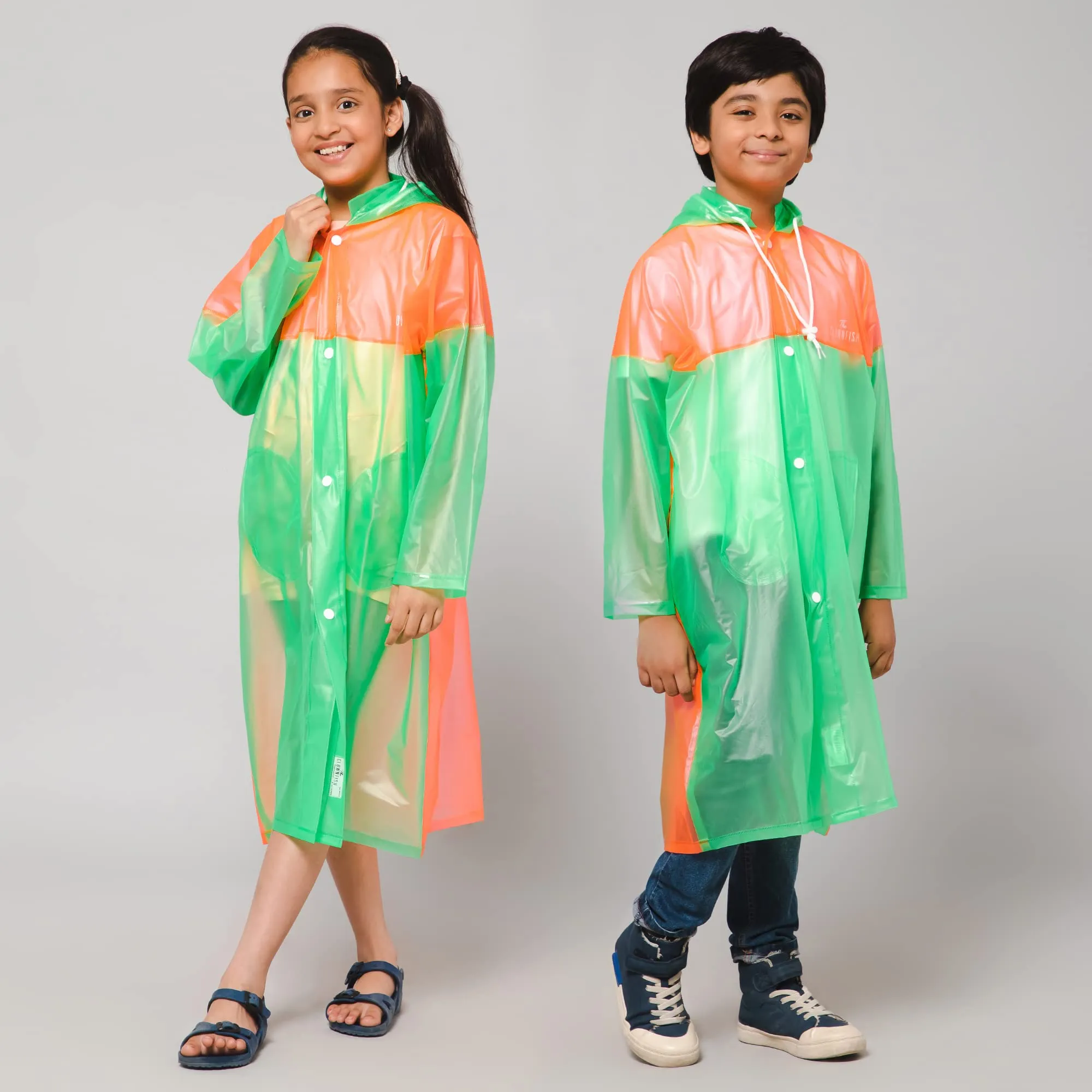 THE CLOWNFISH Puddle Jumper Series Unisex Kids Waterproof Single Layer PVC Longcoat/Raincoat with Adjustable Hood. Age-3-4 Years (Fluoroscent Green)