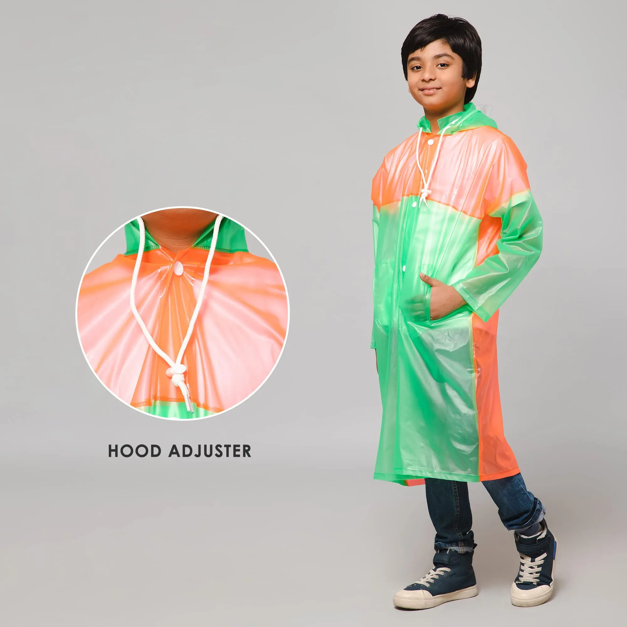 THE CLOWNFISH Puddle Jumper Series Unisex Kids Waterproof Single Layer PVC Longcoat/Raincoat with Adjustable Hood. Age-3-4 Years (Fluoroscent Green)