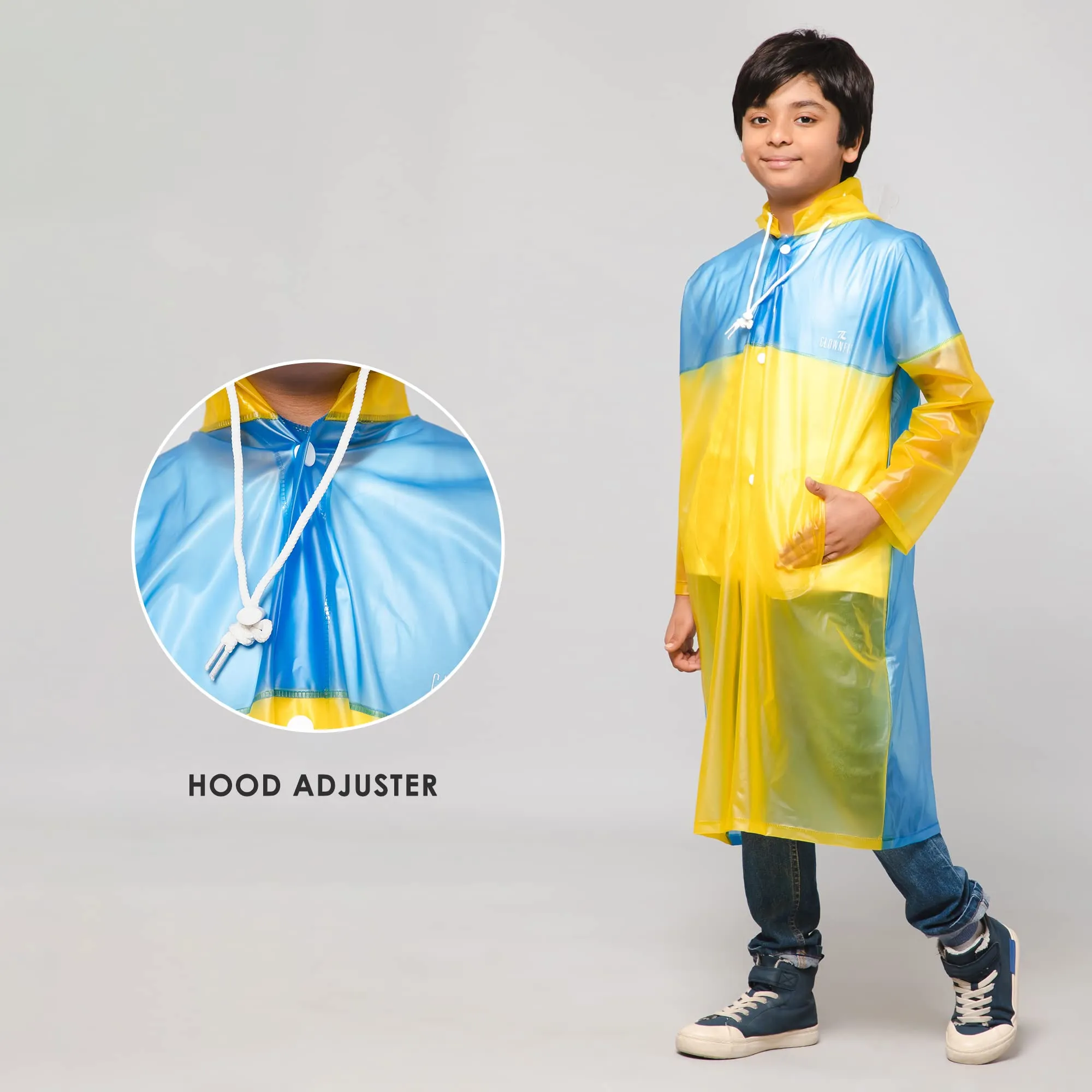 THE CLOWNFISH Puddle Jumper Series Unisex Kids Waterproof Single Layer PVC Longcoat/Raincoat with Adjustable Hood. Age-5-6 Years (Blue)