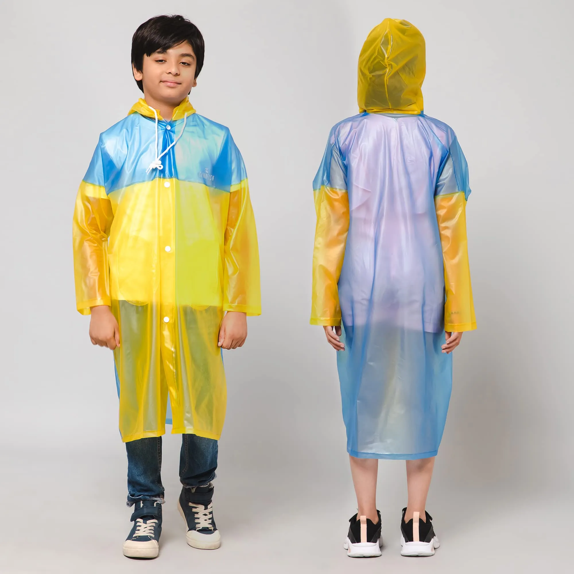 THE CLOWNFISH Puddle Jumper Series Unisex Kids Waterproof Single Layer PVC Longcoat/Raincoat with Adjustable Hood. Age-6-7 Years (Blue)