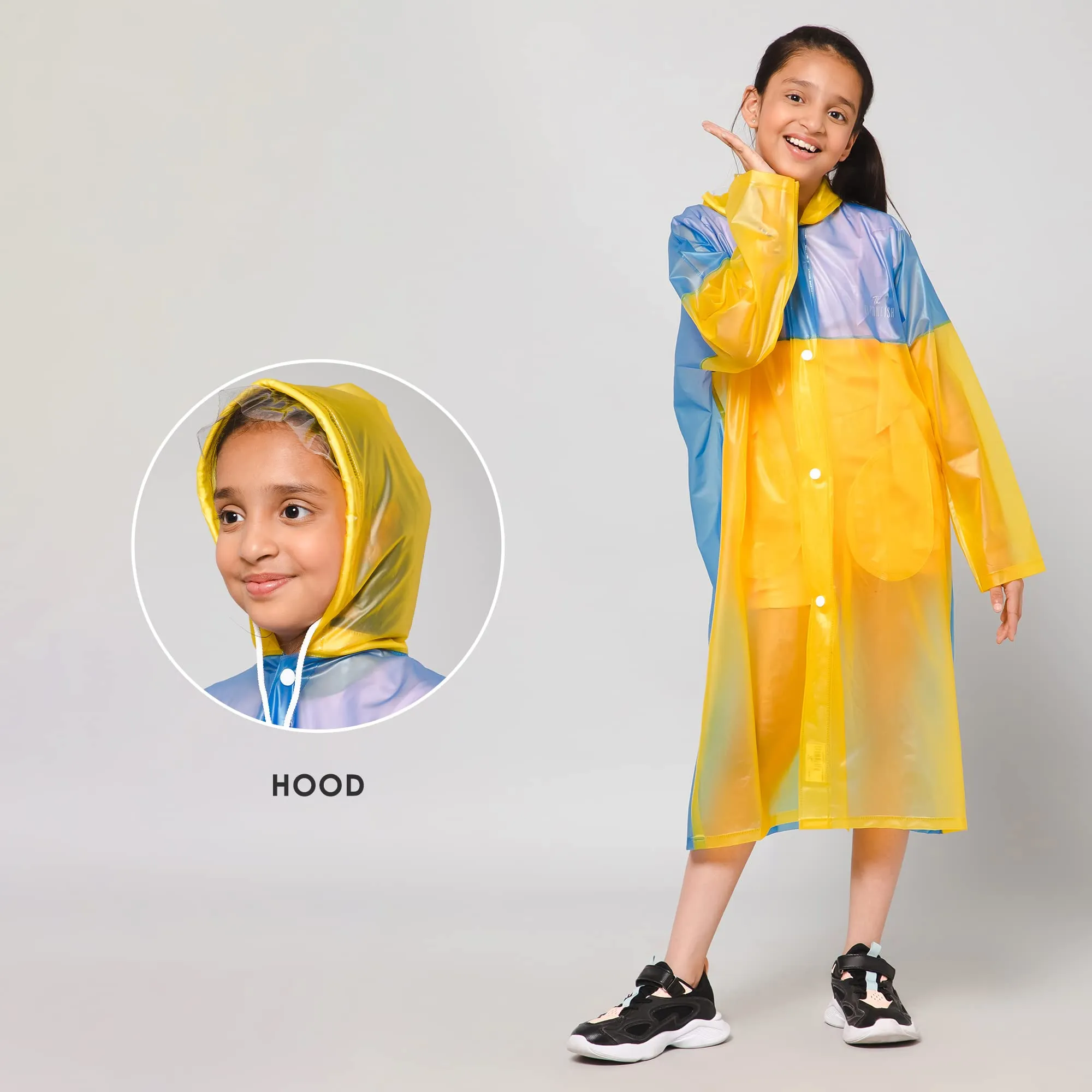 THE CLOWNFISH Puddle Jumper Series Unisex Kids Waterproof Single Layer PVC Longcoat/Raincoat with Adjustable Hood. Age-6-7 Years (Fluoroscent Blue)