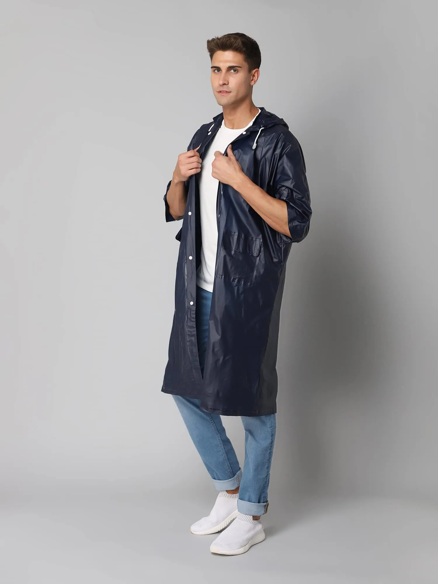 THE CLOWNFISH Raincoat for Men and Women Waterproof PVC Material Longcoat with Adjustable Hood Agro Pro Series (Navy Blue, Free Size)