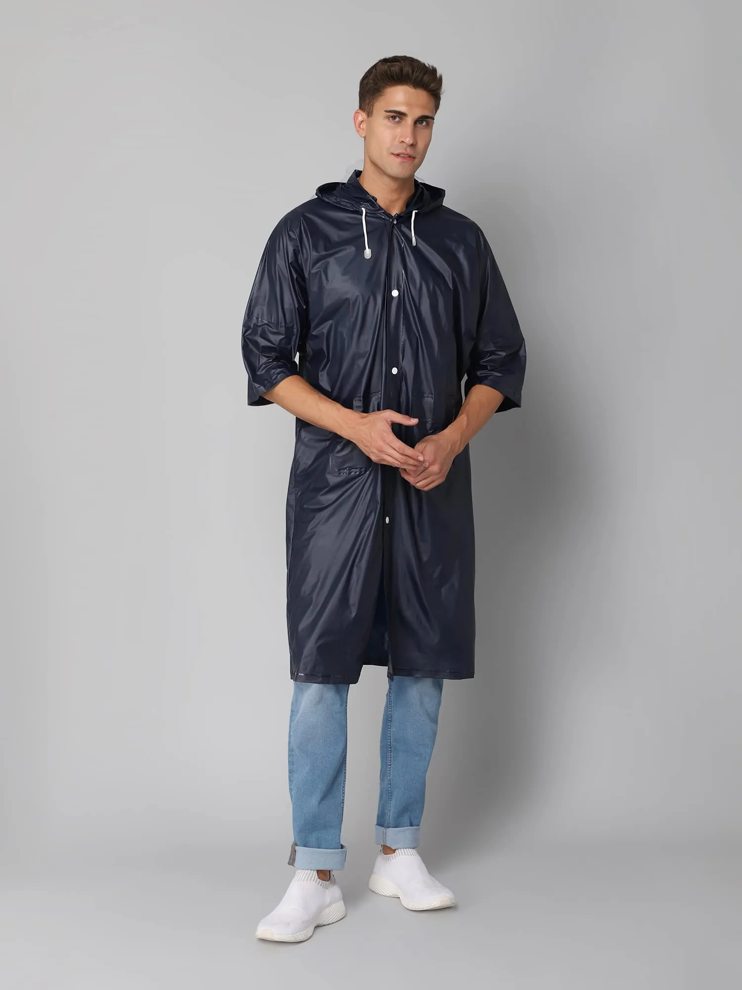 THE CLOWNFISH Raincoat for Men and Women Waterproof PVC Material Longcoat with Adjustable Hood Agro Pro Series (Navy Blue, Free Size)