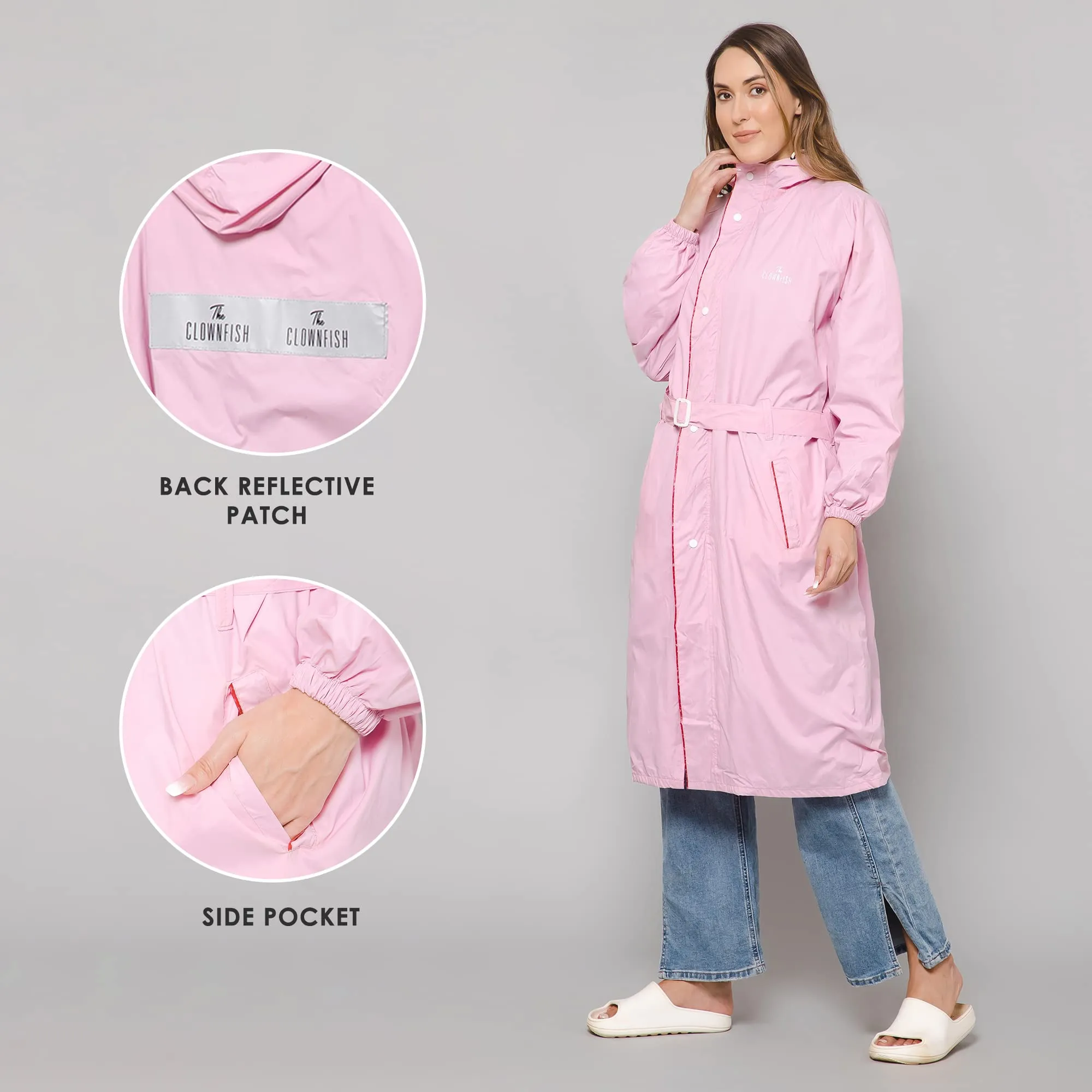 THE CLOWNFISH Raincoats for Women Rain Coat for Women Longcoat Raincoat for Ladies Waterproof Reversible Double Layer. Aquashield Series (Baby Pink, 2X-Large)