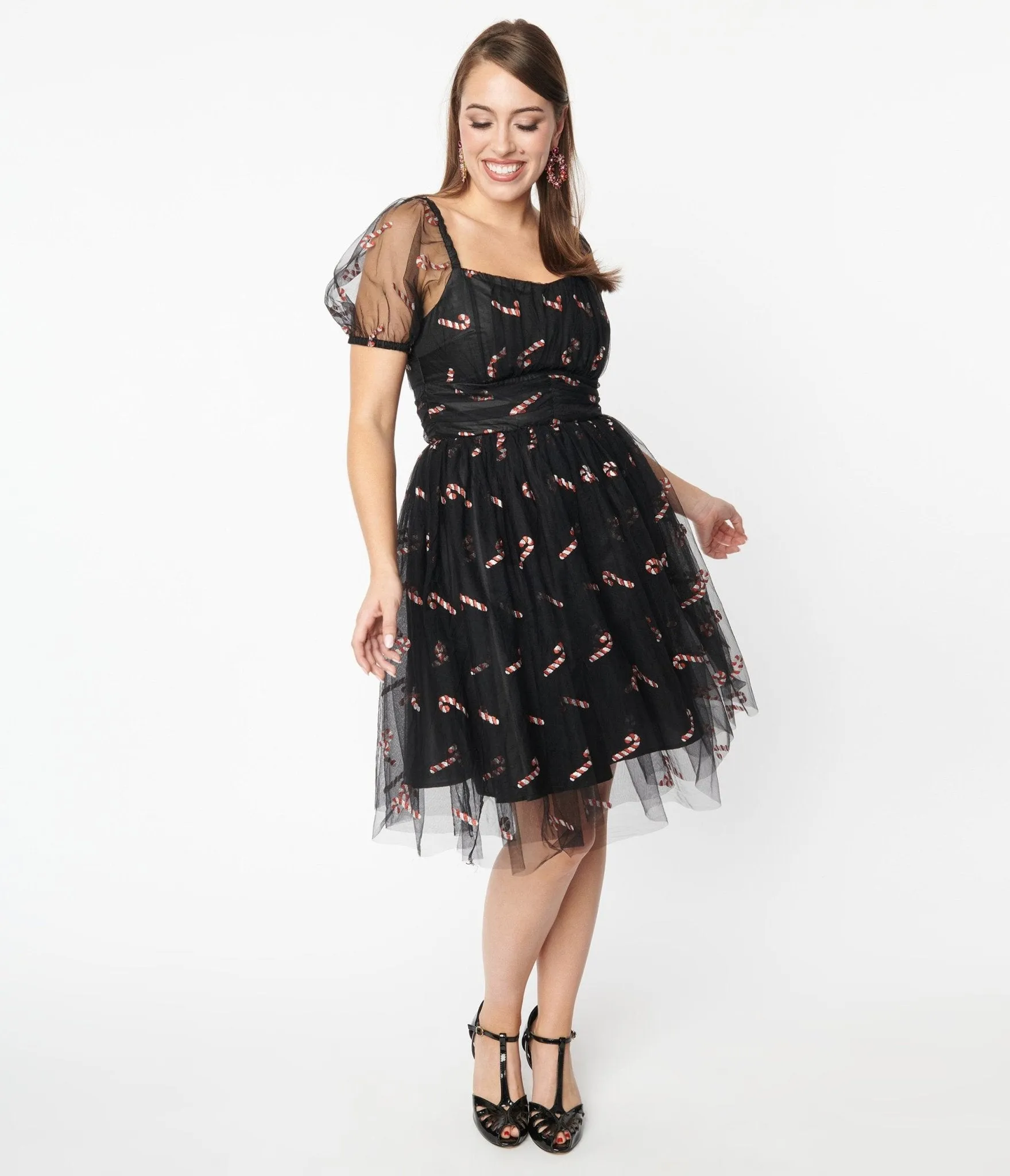 Unique Vintage Black & Glitter Candy Canes Babydoll Dress