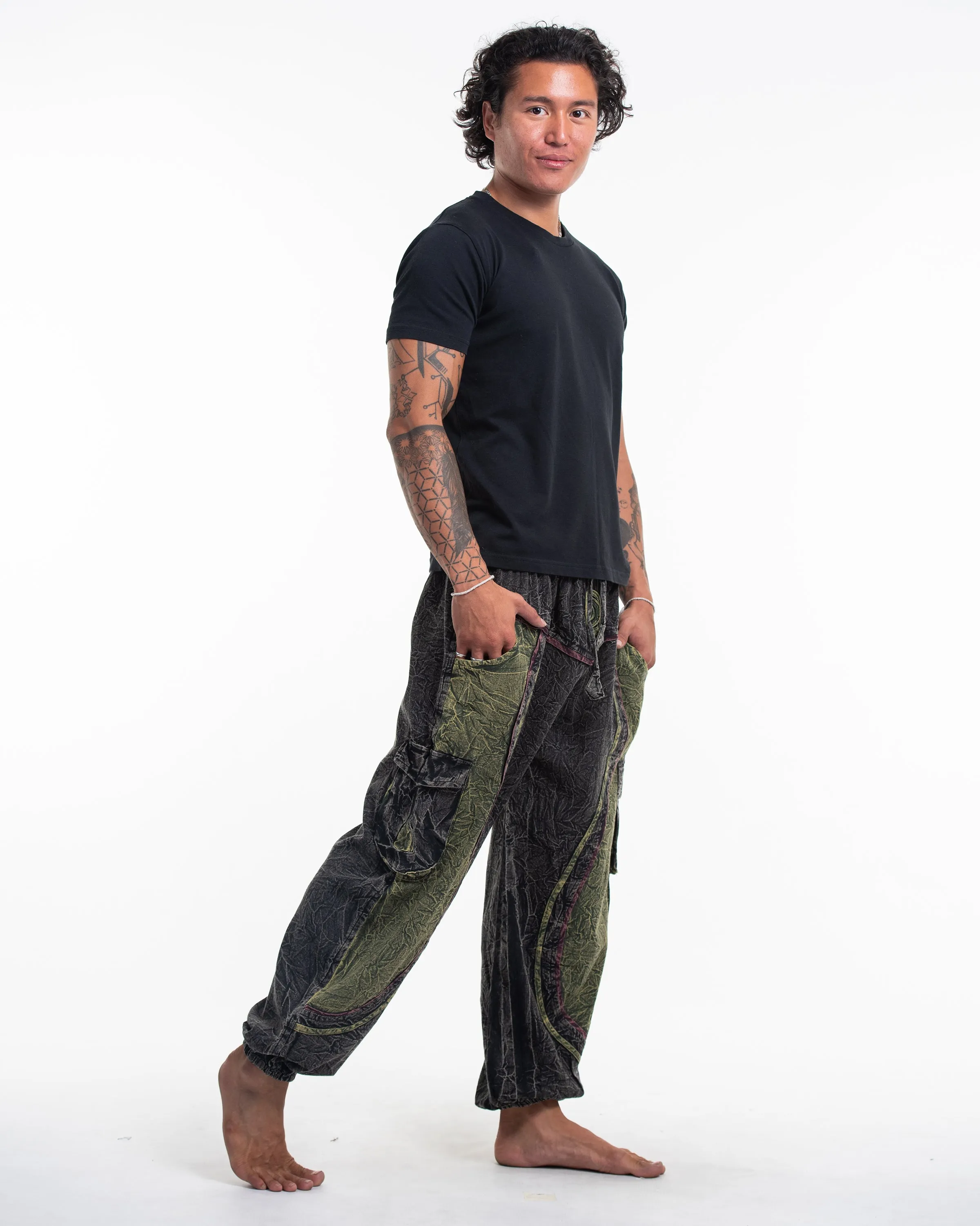 Unisex Patchwork Stone Washed Cargo Cotton Pants in Black 03