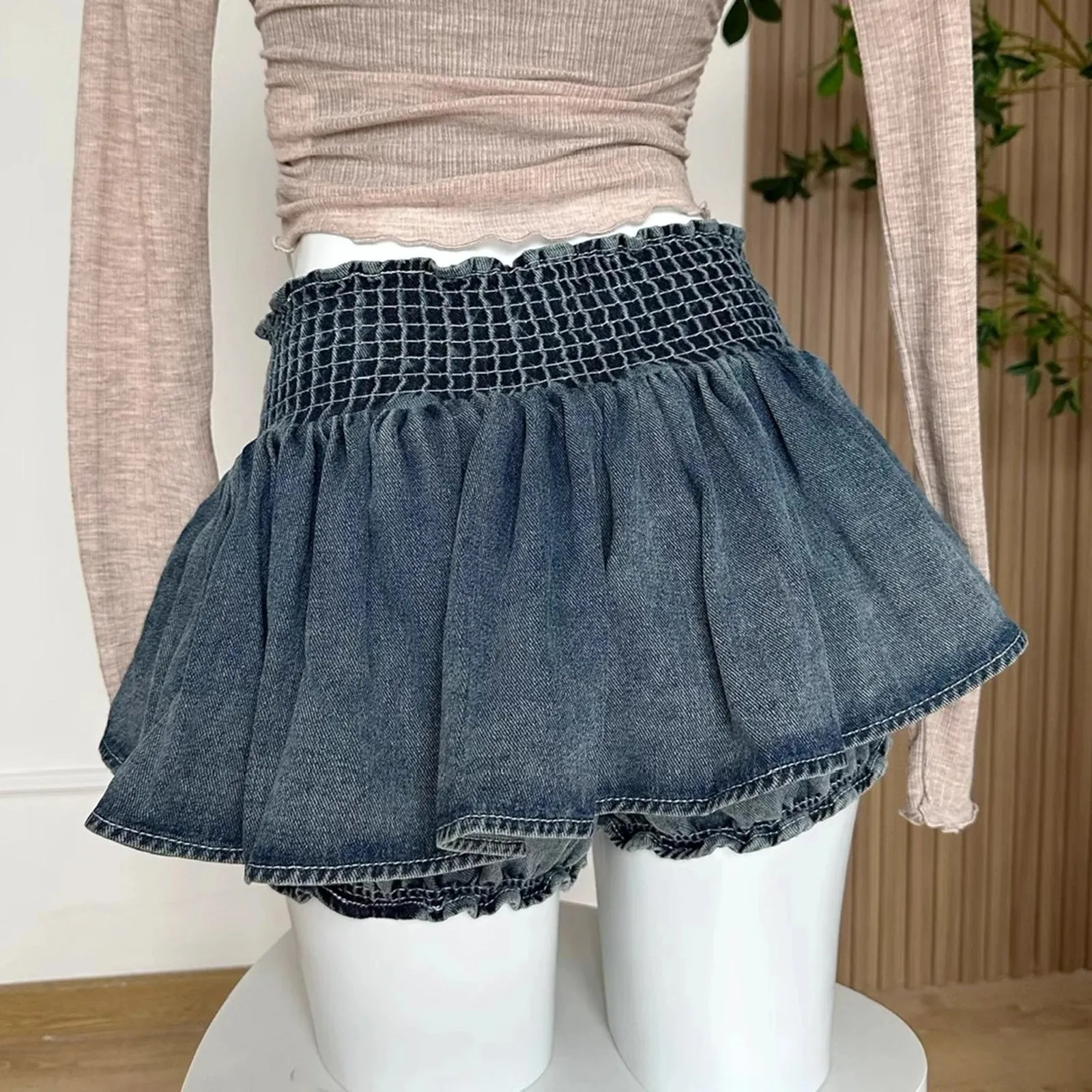 Uniwim Women Bow Pleated Jean Skirt Shorts Summer Trendy Irregular Hem Sexy Spice Girl A-line Denim Mini Skirts Vintage Chic Streetwear