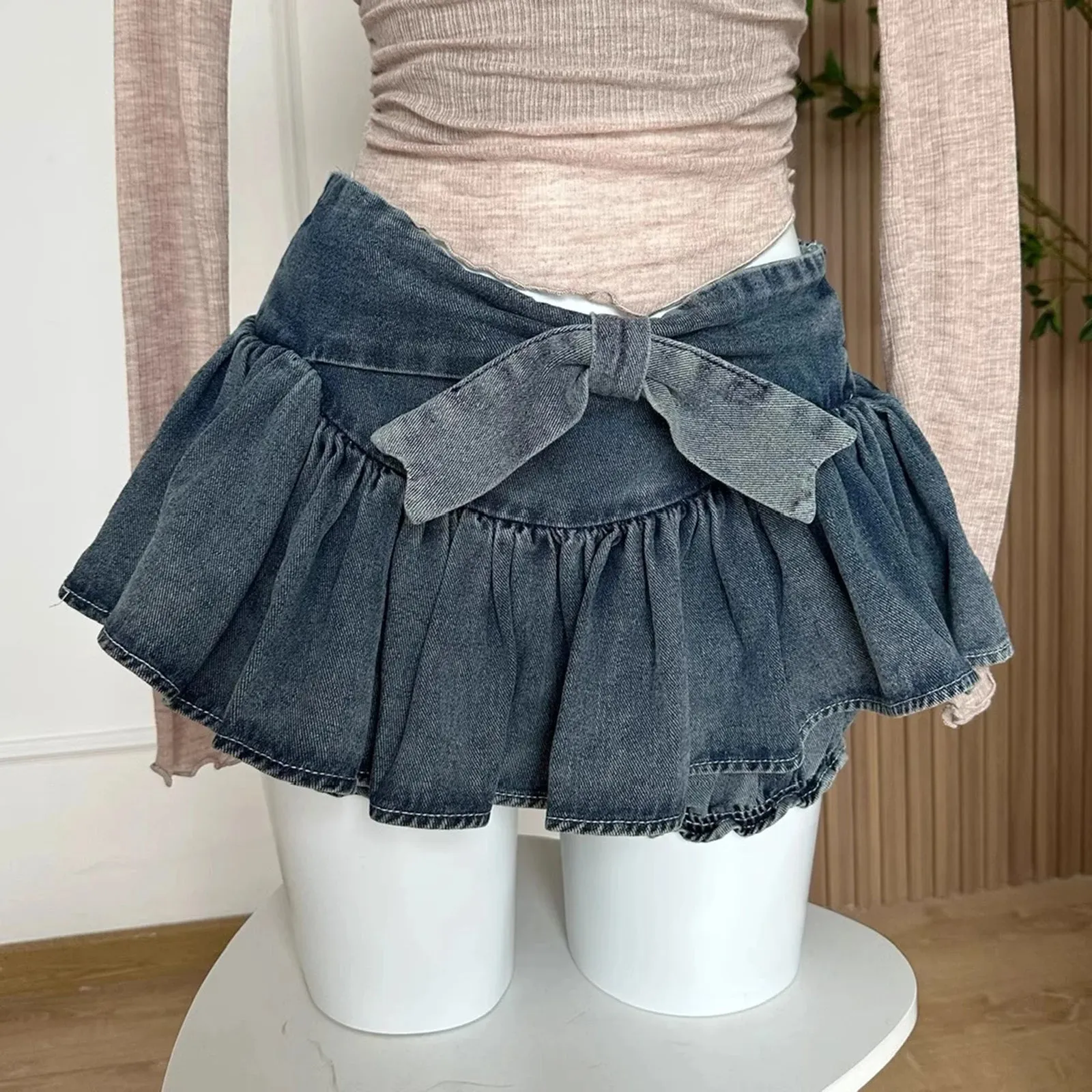 Uniwim Women Bow Pleated Jean Skirt Shorts Summer Trendy Irregular Hem Sexy Spice Girl A-line Denim Mini Skirts Vintage Chic Streetwear