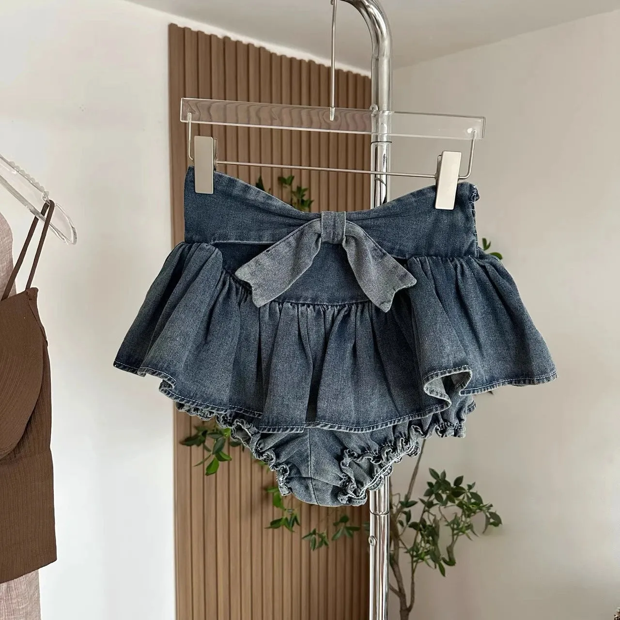 Uniwim Women Bow Pleated Jean Skirt Shorts Summer Trendy Irregular Hem Sexy Spice Girl A-line Denim Mini Skirts Vintage Chic Streetwear