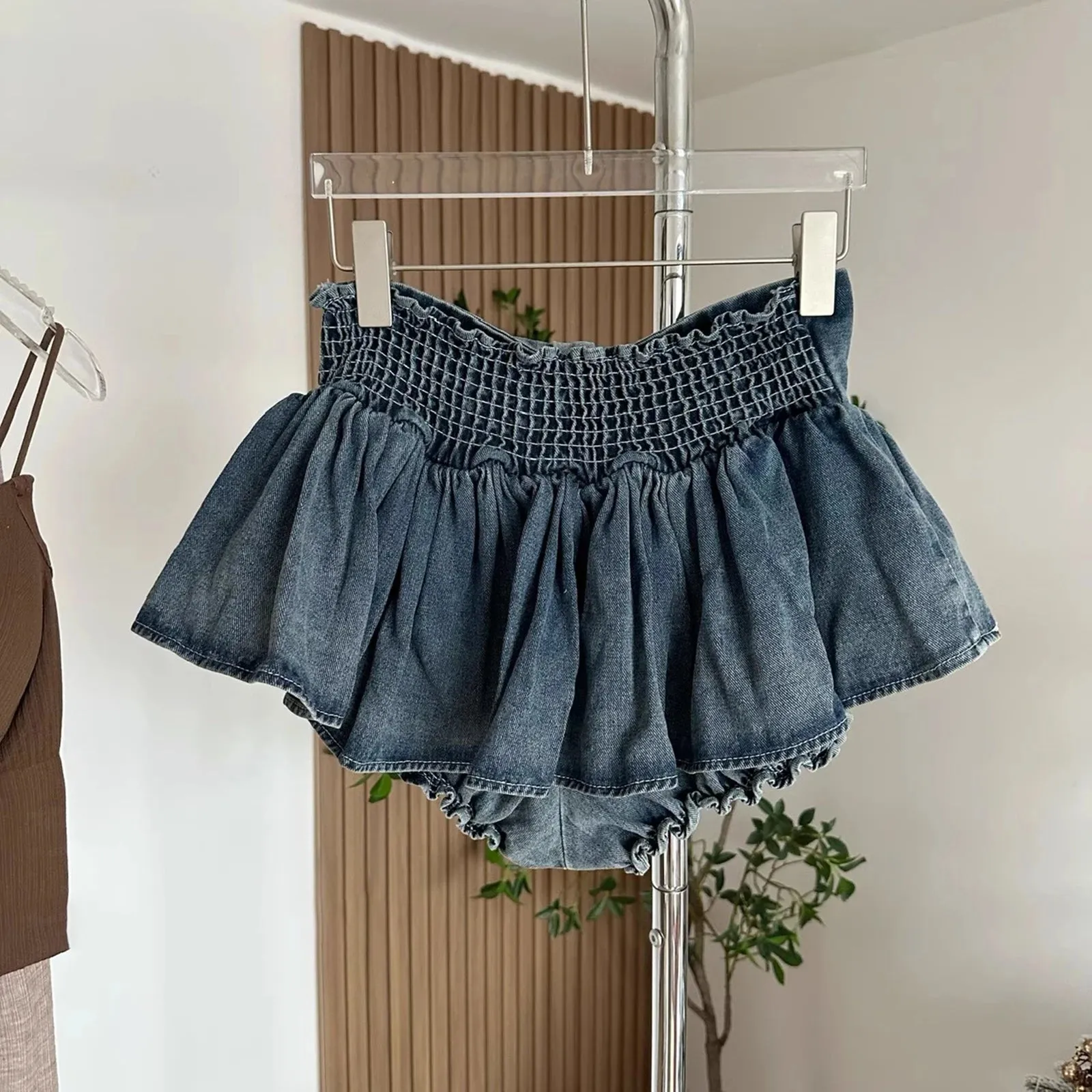 Uniwim Women Bow Pleated Jean Skirt Shorts Summer Trendy Irregular Hem Sexy Spice Girl A-line Denim Mini Skirts Vintage Chic Streetwear