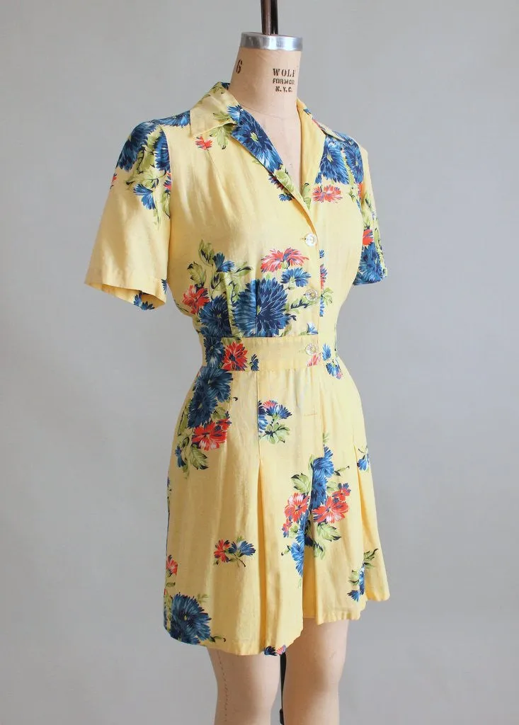 Vintage 1940s Blue Rose Playsuit with Skirt