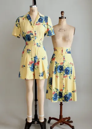 Vintage 1940s Blue Rose Playsuit with Skirt