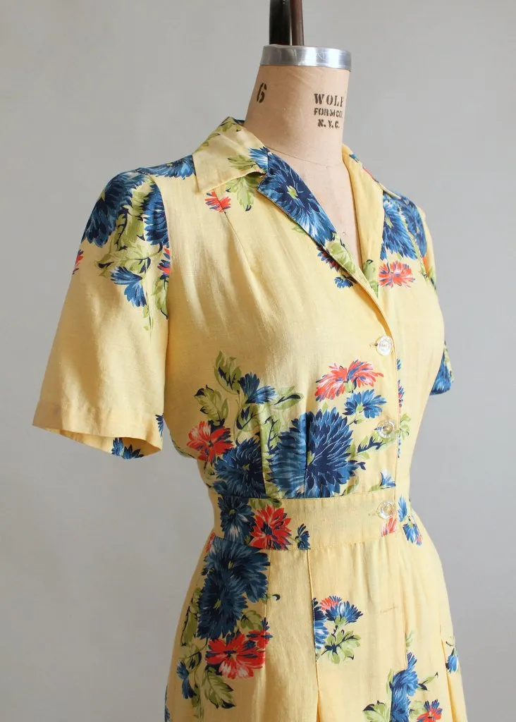 Vintage 1940s Blue Rose Playsuit with Skirt