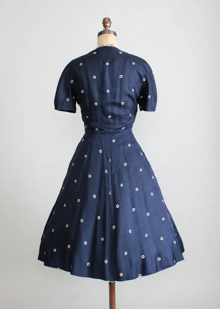 Vintage 1950s Navy Silk Dot Luncheon Dress