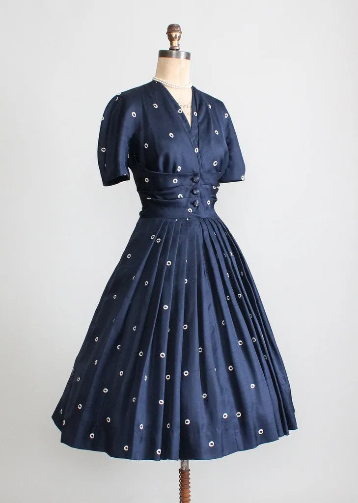 Vintage 1950s Navy Silk Dot Luncheon Dress