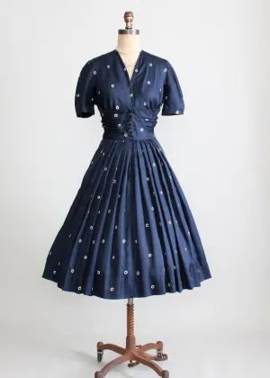 Vintage 1950s Navy Silk Dot Luncheon Dress