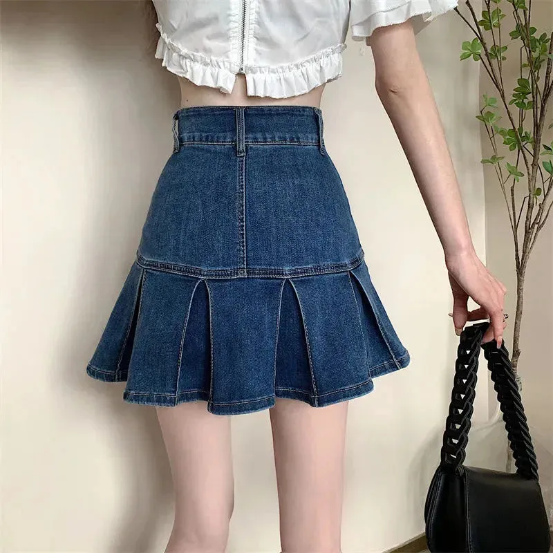 Vintage Blue Denim Pleated Skirt Women Y2K High Waist Ruffle All Match Mini Skirt Ladies Korean Streetwear A Line Jean Skirts