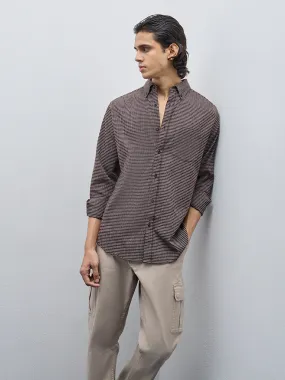 WES Casuals Brown Pin Checks Relaxed-Fit Cotton Blend Shirt