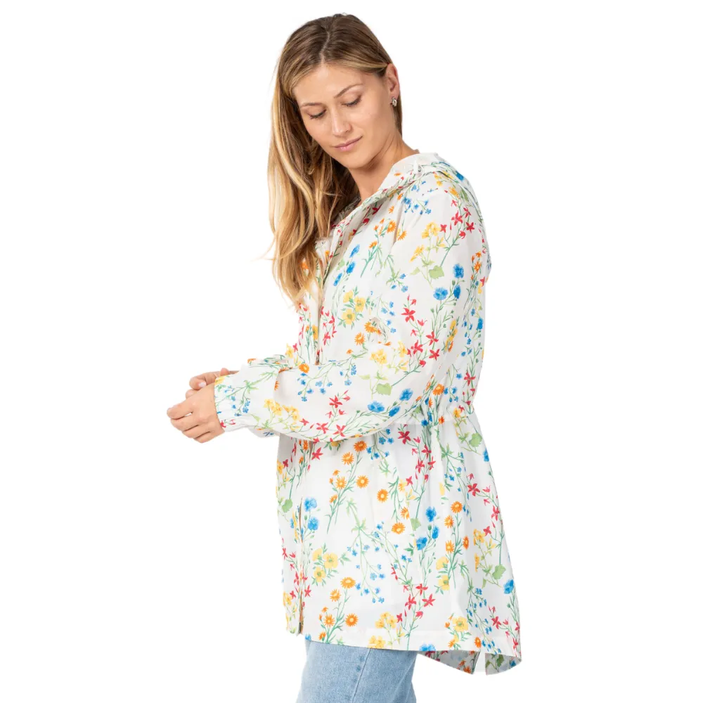 White Floral Hooded Drawstring Raincoat