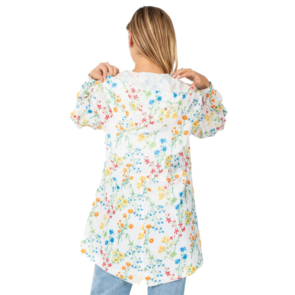 White Floral Hooded Drawstring Raincoat