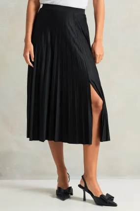 Women Black Pleated Side Slit Skirt