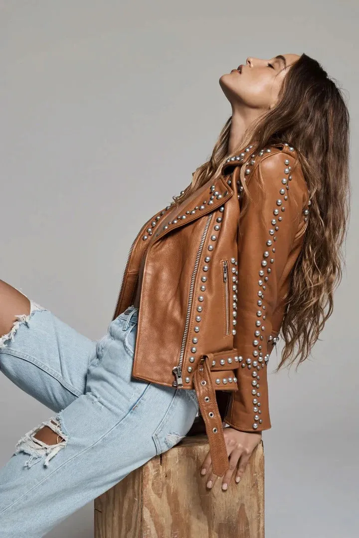 Women's Brown Leather Jacket with Silver Spiked Studs