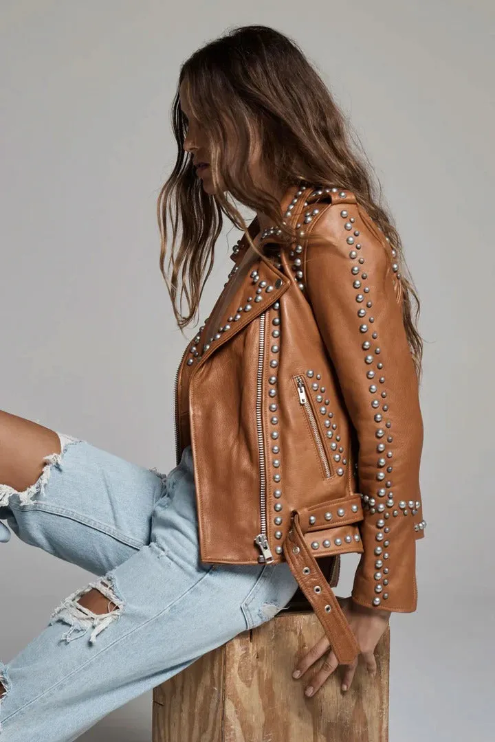 Women's Brown Leather Jacket with Silver Spiked Studs