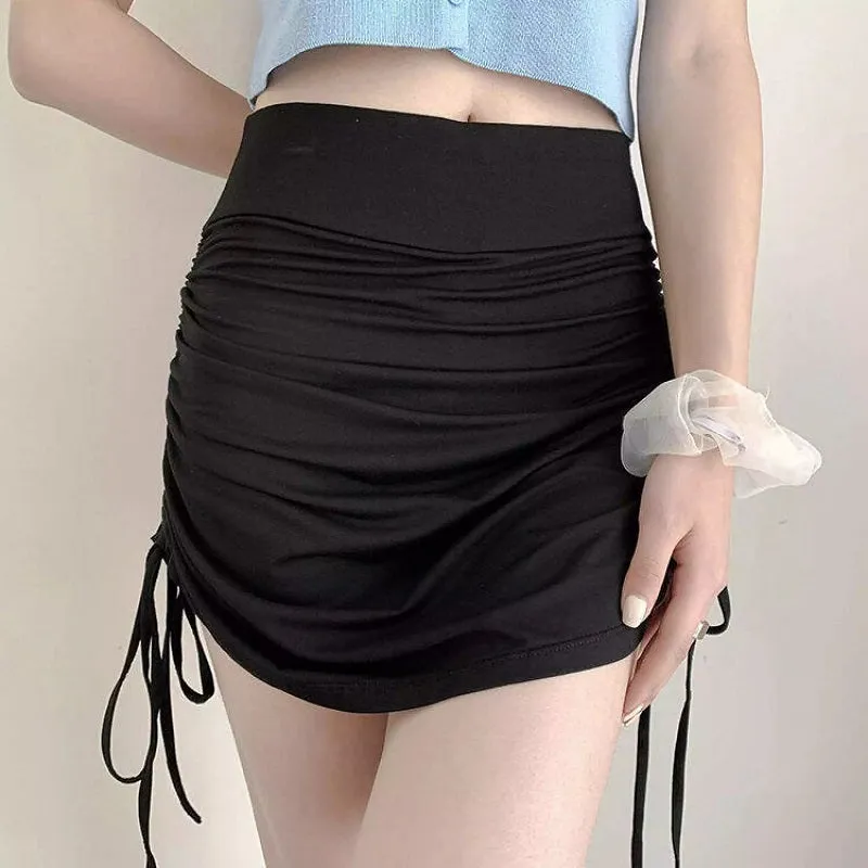 Womens Drawstring Elastic Slim Short Skirt with Sports Panties